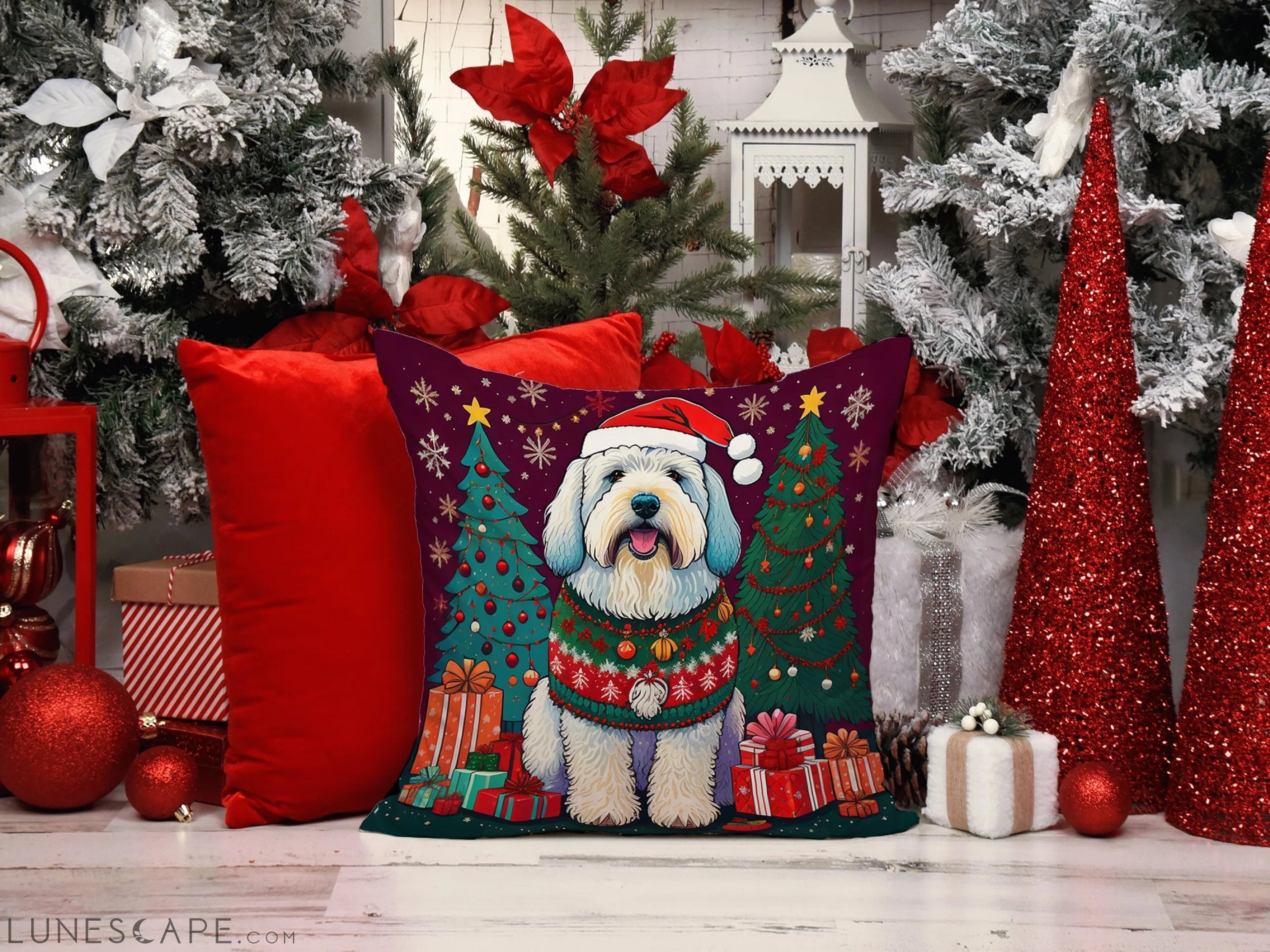 Old English Sheepdog Christmas Throw Pillow LUNESCAPE