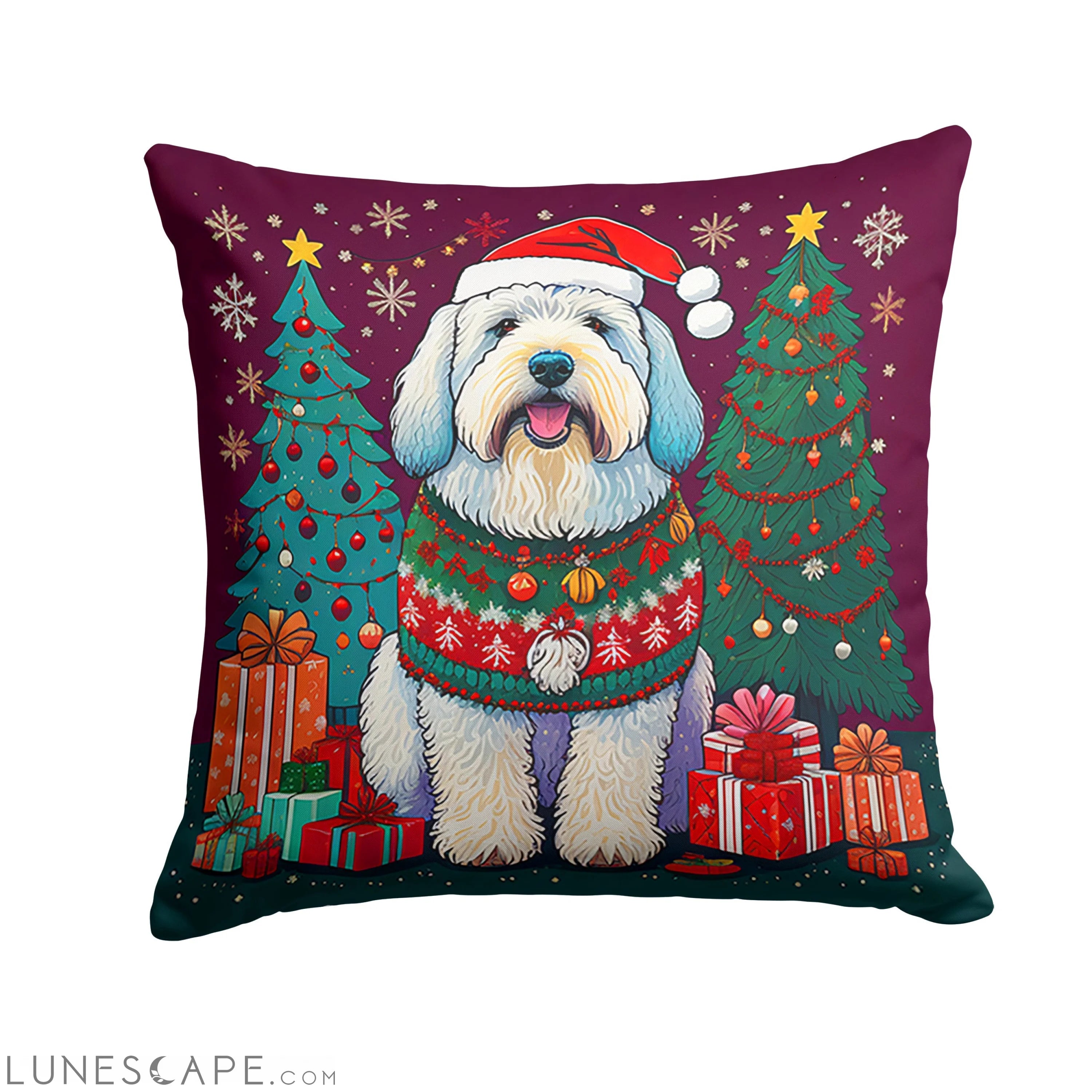 Old English Sheepdog Christmas Throw Pillow LUNESCAPE