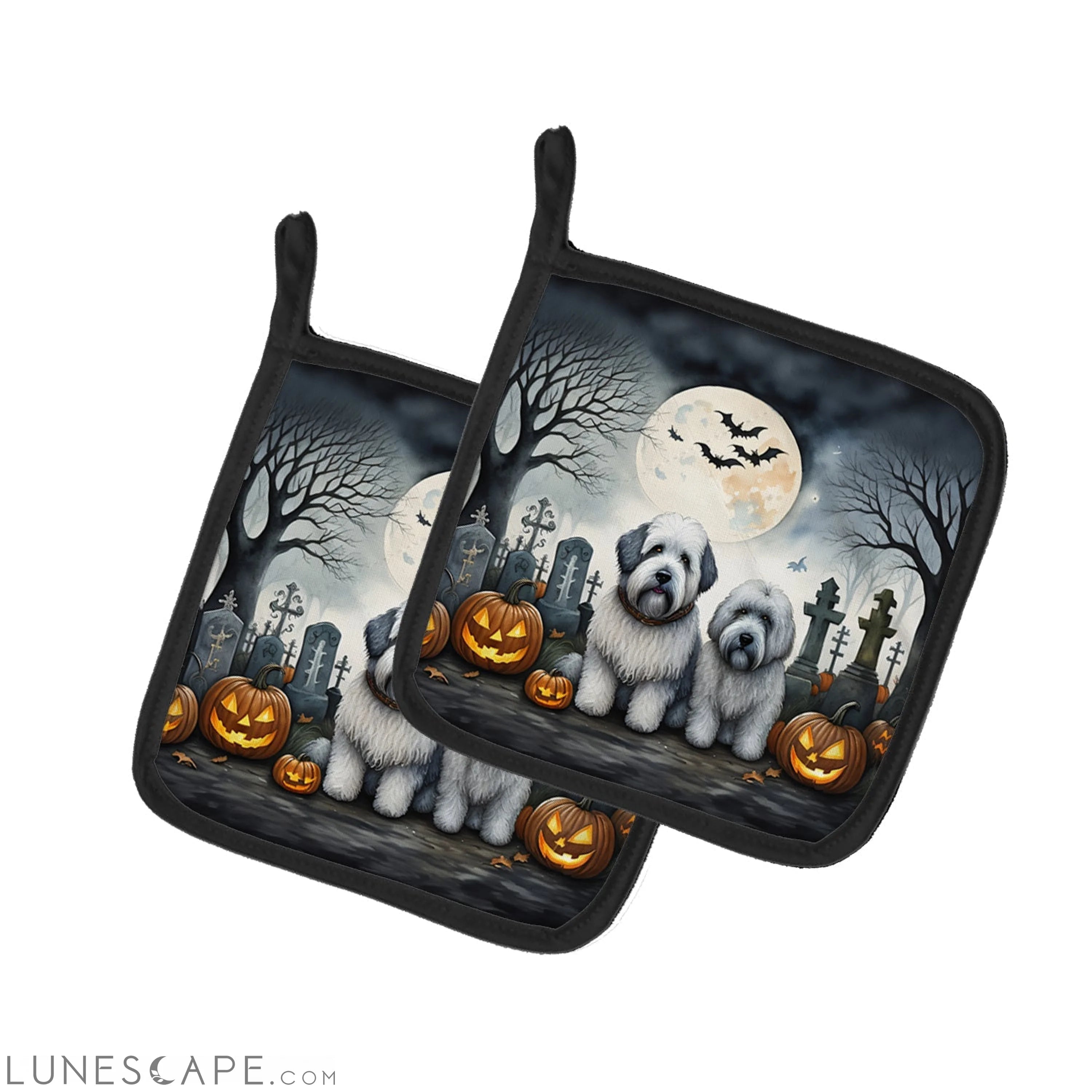 Old English Sheepdog Spooky Halloween Pair of Pot Holders LUNESCAPE