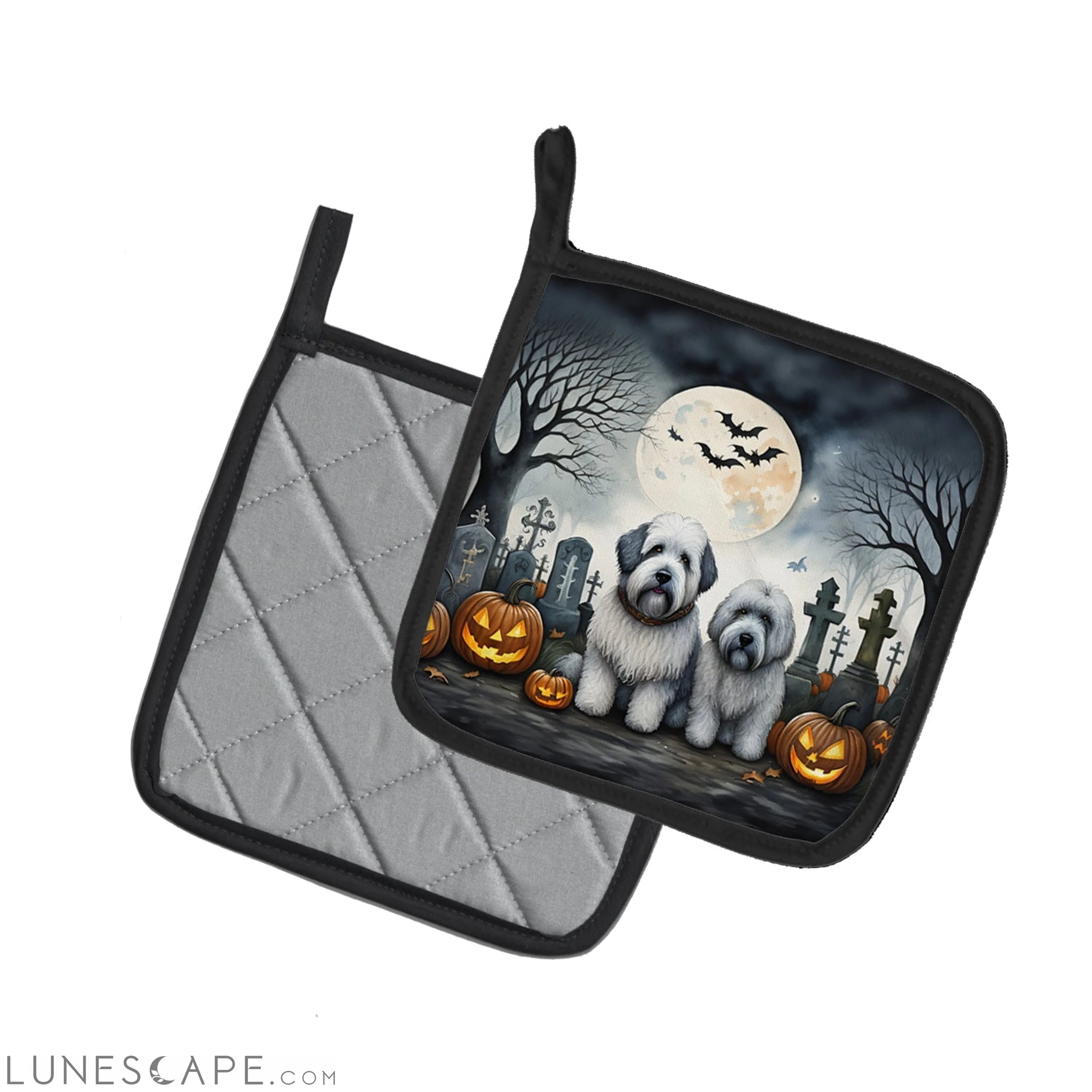 Old English Sheepdog Spooky Halloween Pair of Pot Holders LUNESCAPE