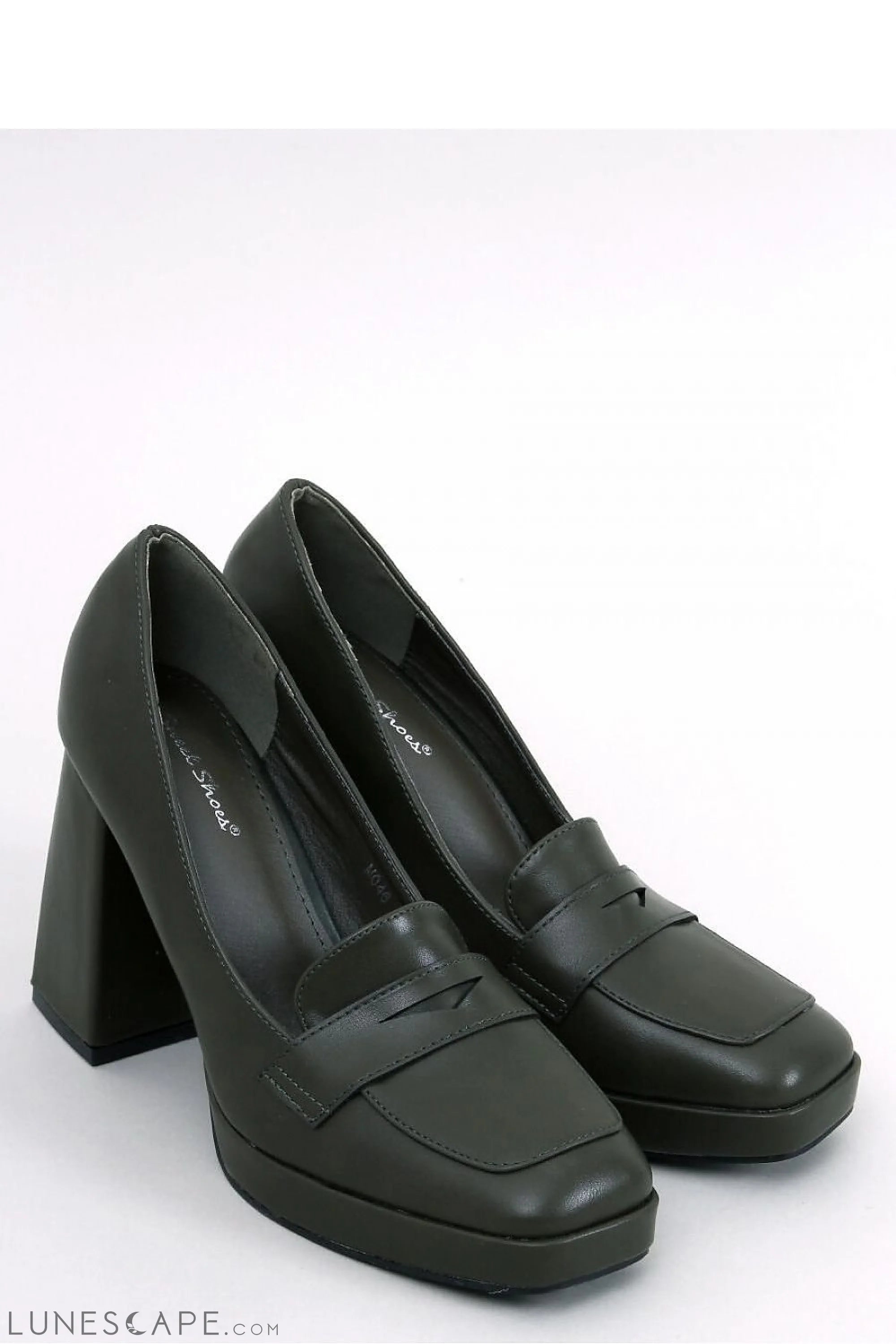 Olive Eco-Leather Womens Loafers with Square Toe and Block Heel LUNESCAPE