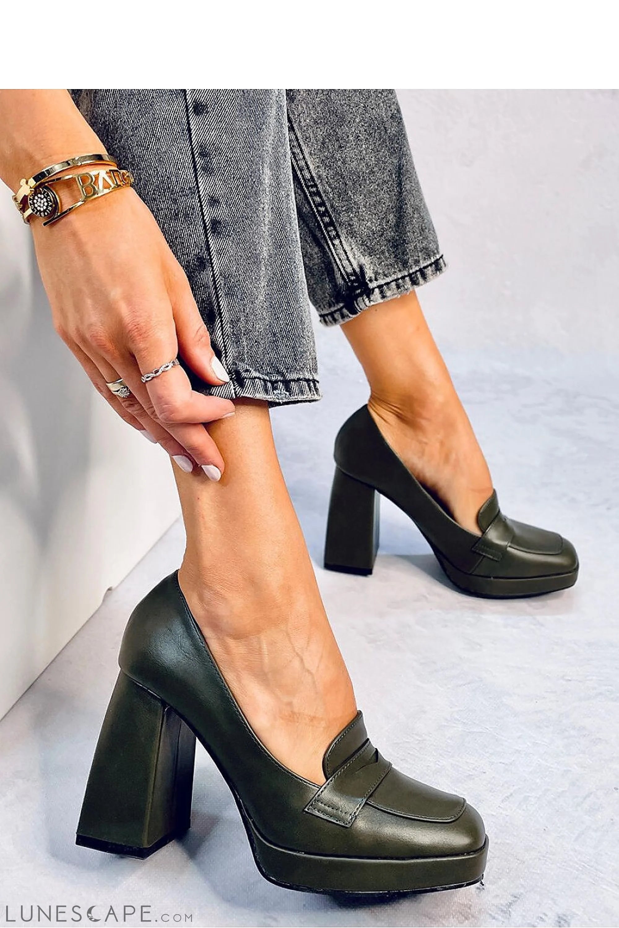 Olive Eco-Leather Womens Loafers with Square Toe and Block Heel LUNESCAPE