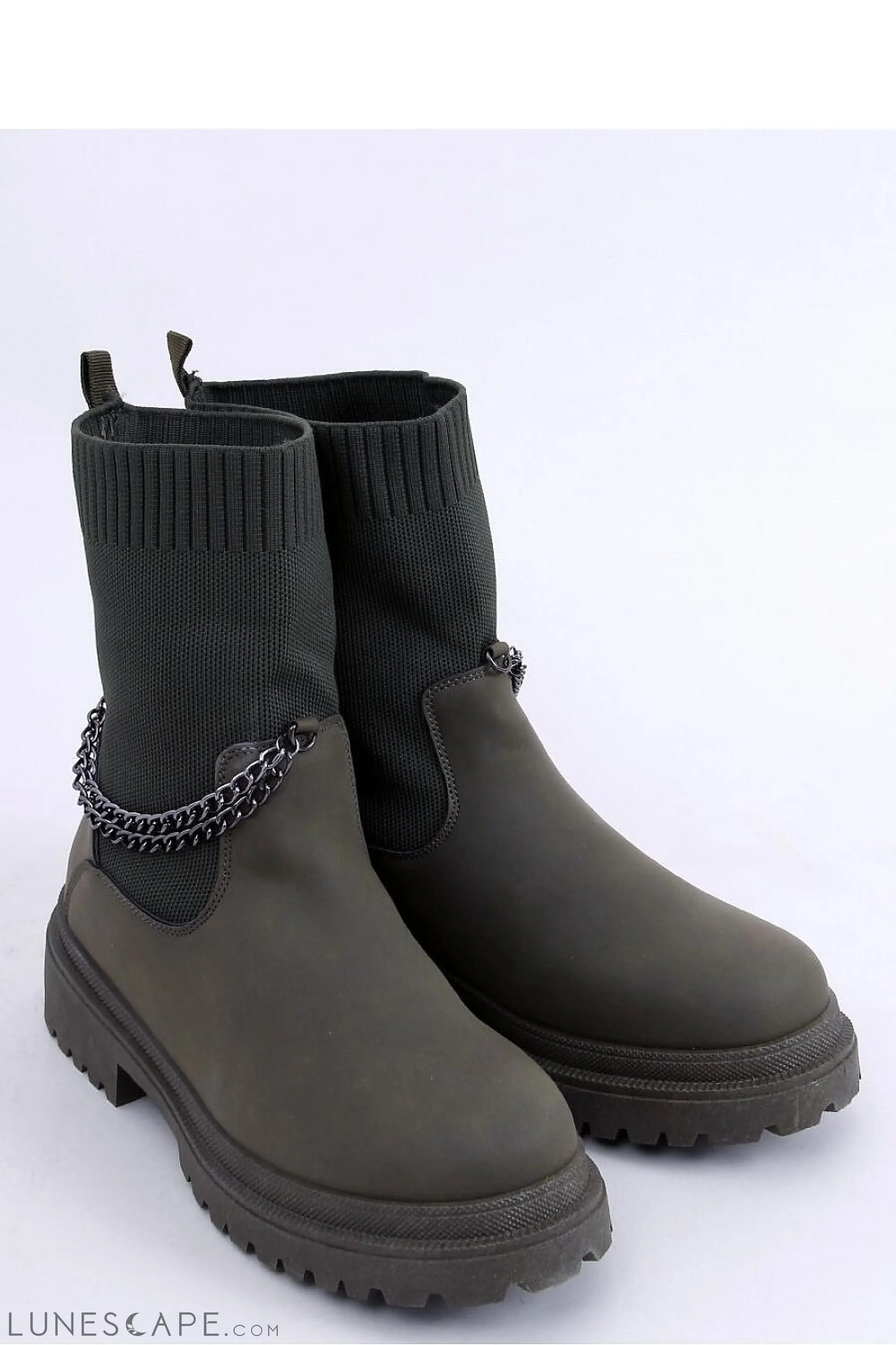 Olive Green Chelsea Boot with Chain Detail and Ribbed Knit Upper LUNESCAPE