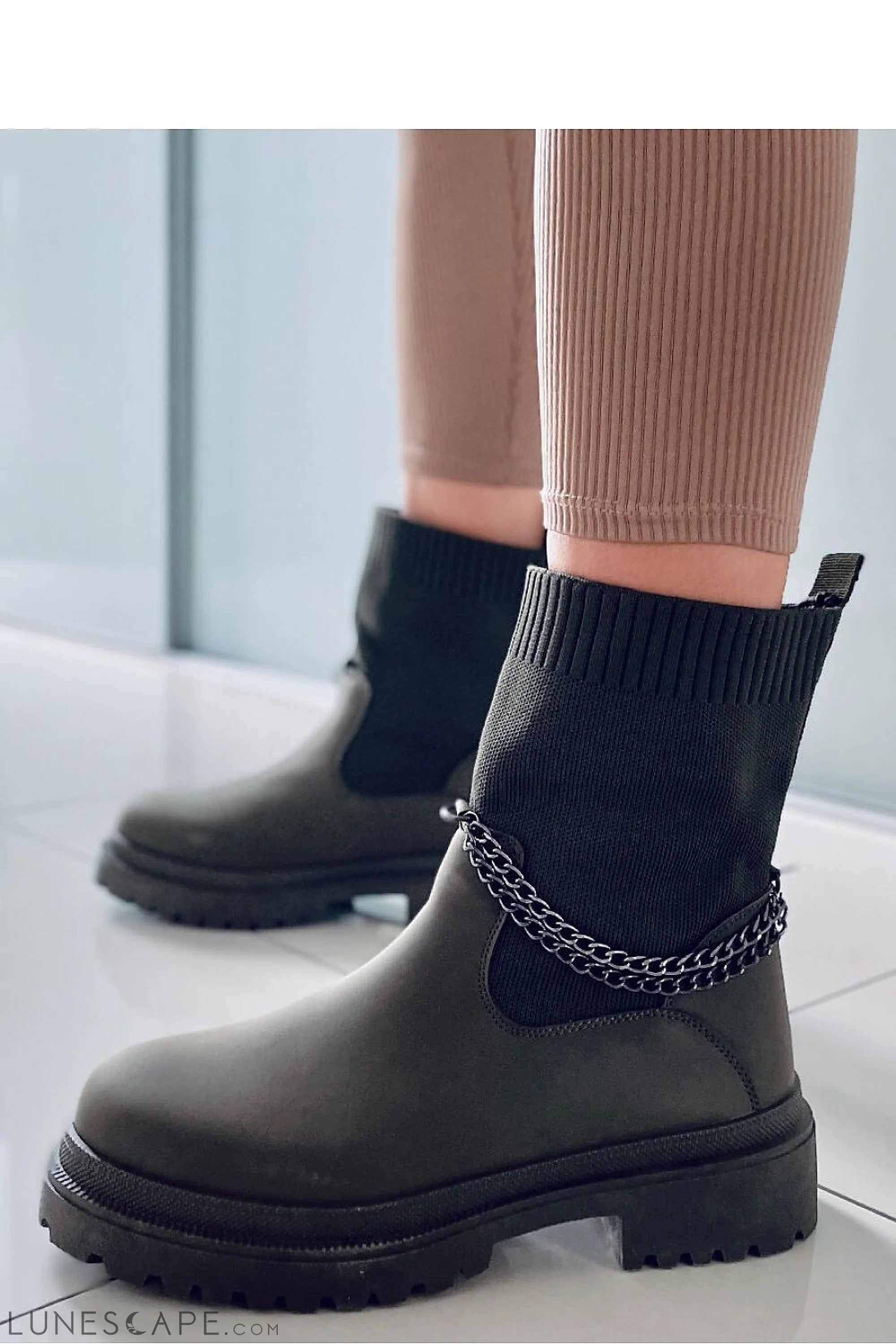Olive Green Chelsea Boot with Chain Detail and Ribbed Knit Upper LUNESCAPE