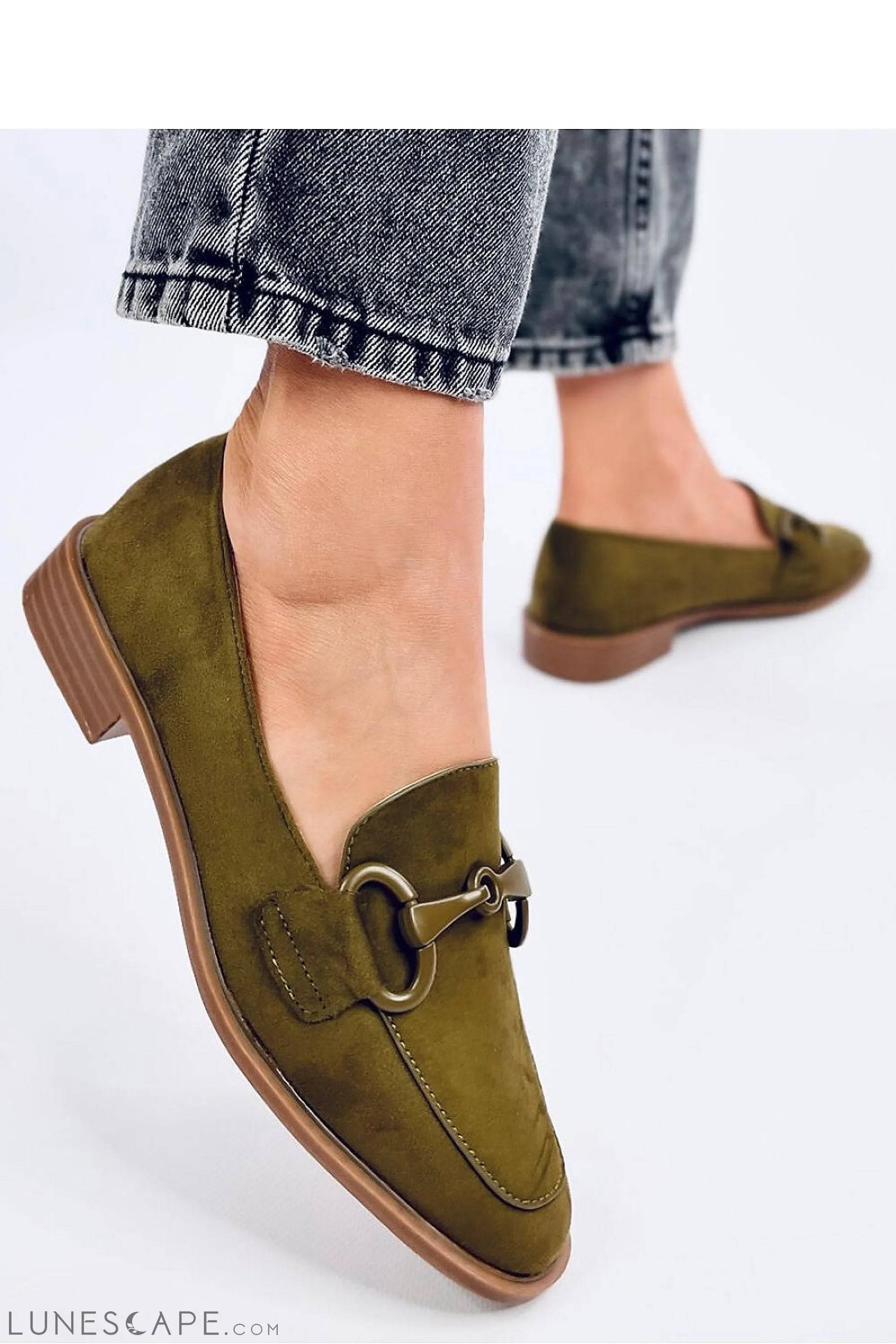 Olive Green Suede Loafers – Women's Almond Toe with Monochrome Horsebit Detail LUNESCAPE