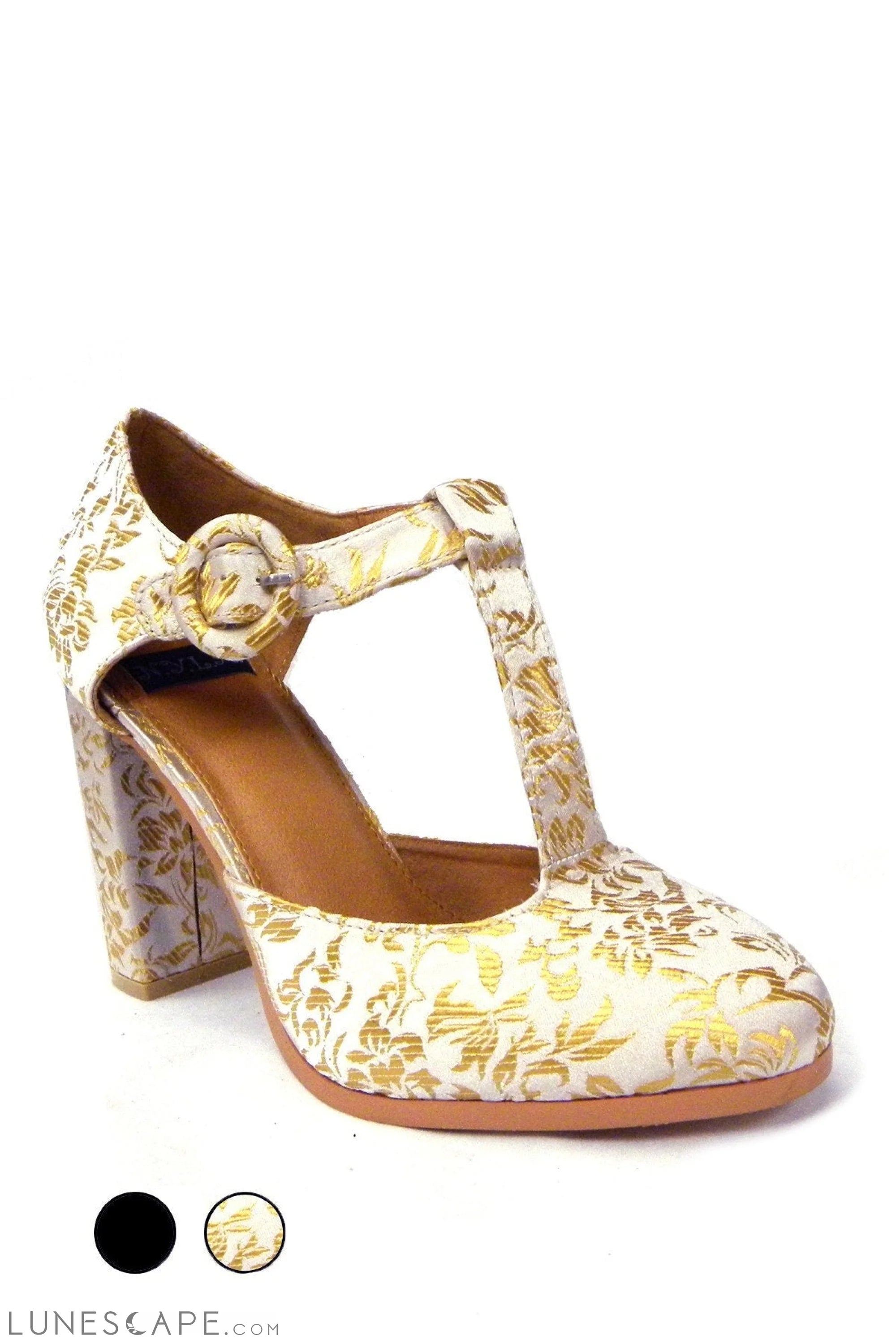 OLYSING T-Strap Mary Jane Jacquard Block Heel Pump LUNESCAPE