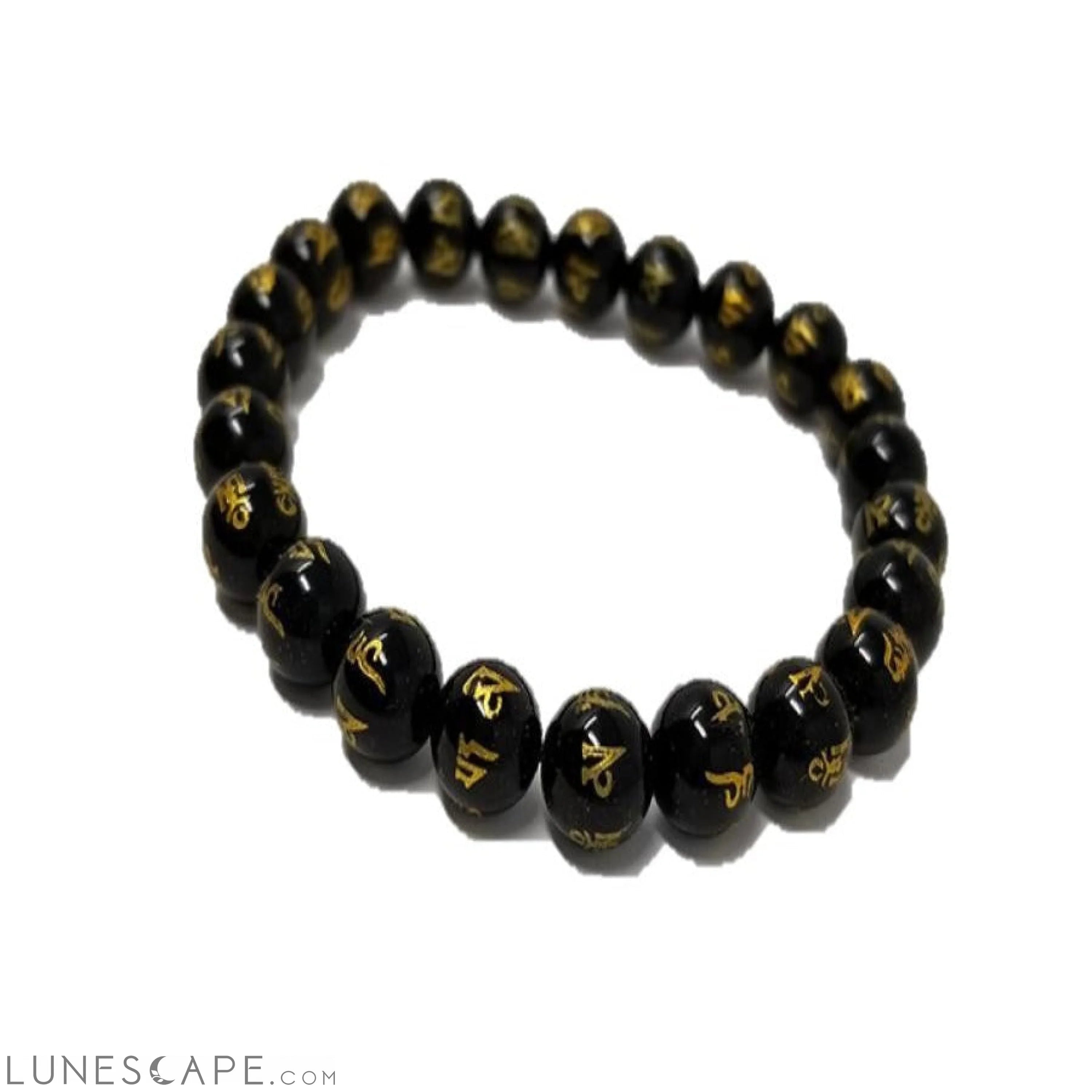 OM Mani Padme Hum Gold Tone Engraved on Black Onyx Bracelet LUNESCAPE