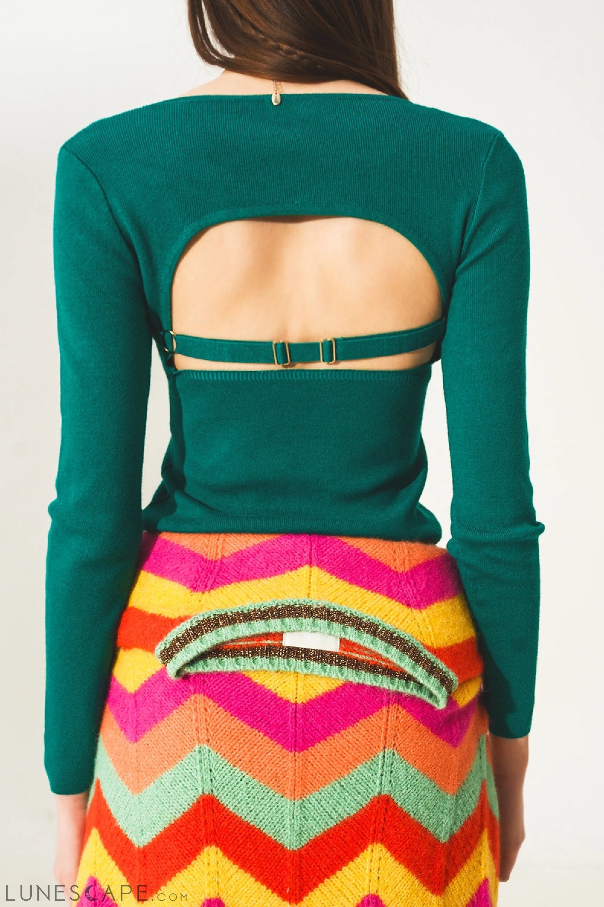 Open Back Jumper in Green Womens Sweater LUNESCAPE