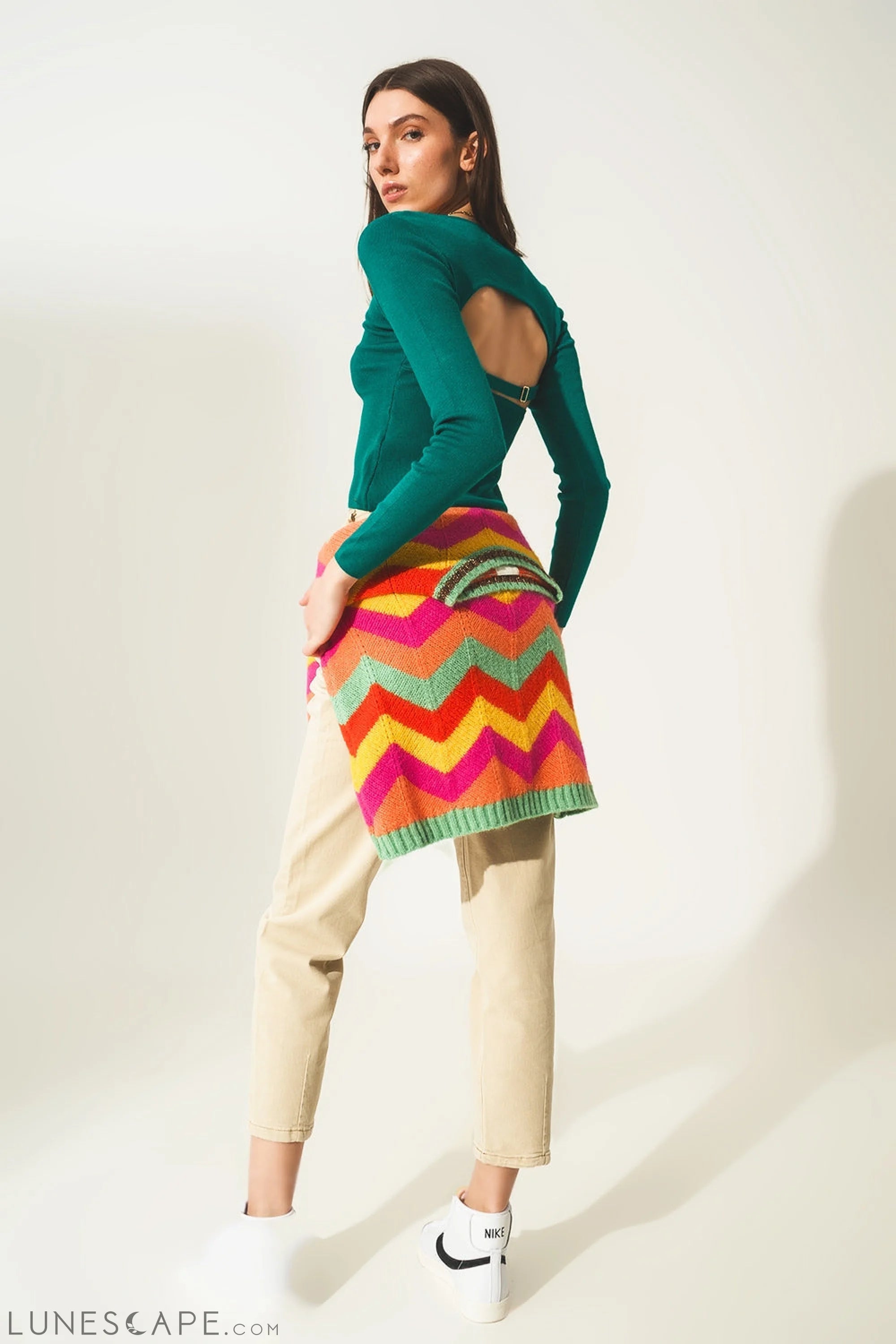Open Back Jumper in Green Womens Sweater LUNESCAPE