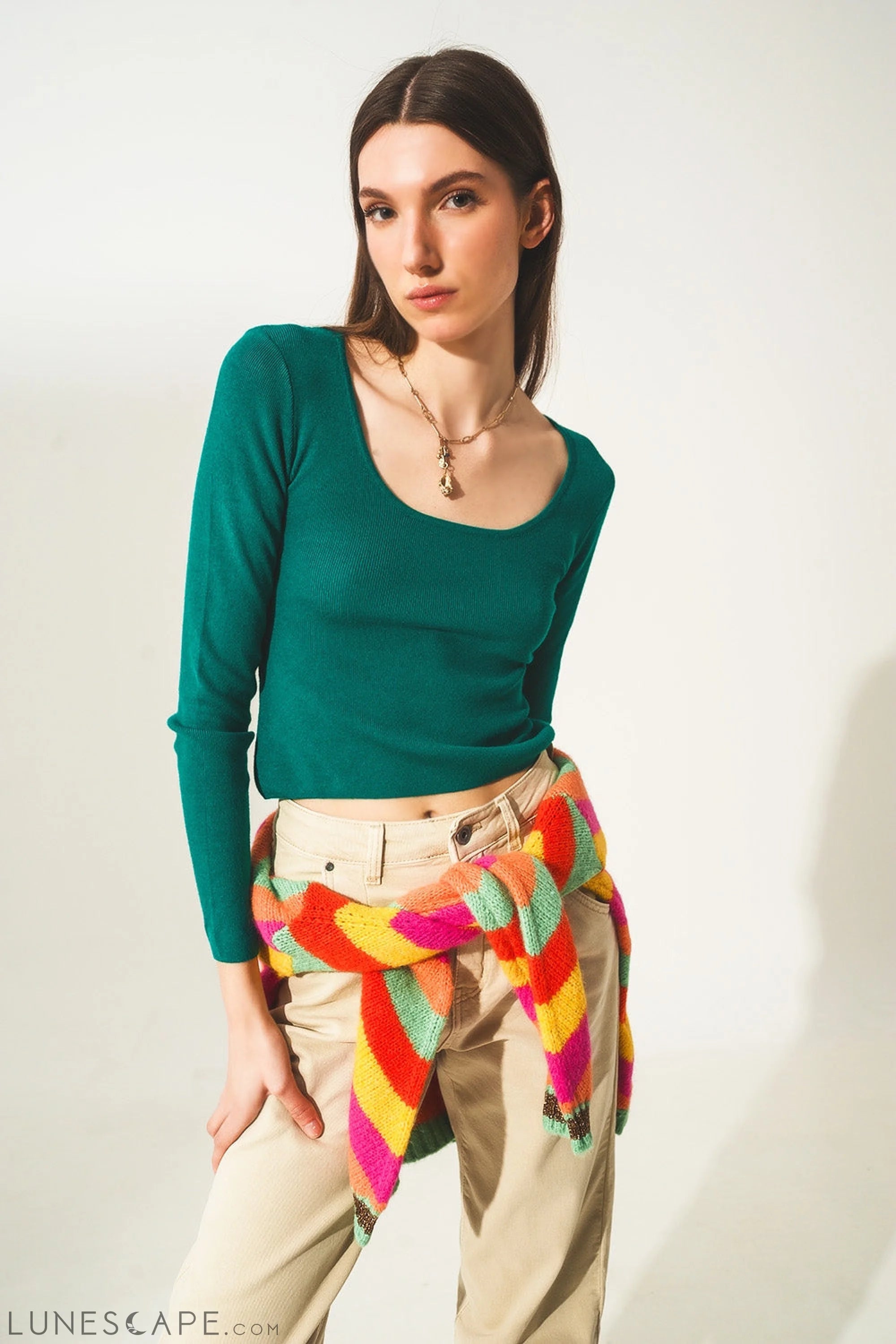 Open Back Jumper in Green Womens Sweater LUNESCAPE