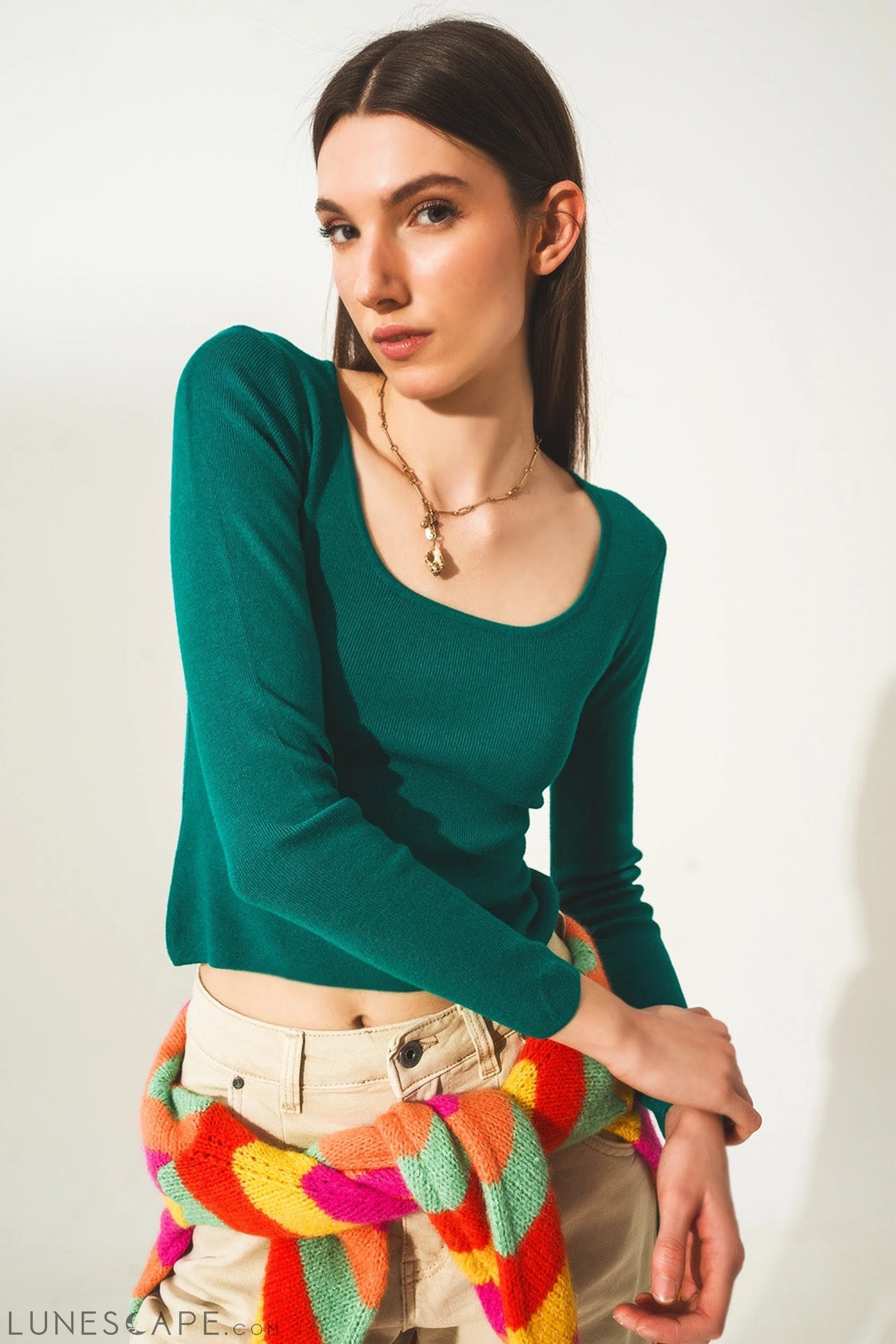 Open Back Jumper in Green Womens Sweater LUNESCAPE