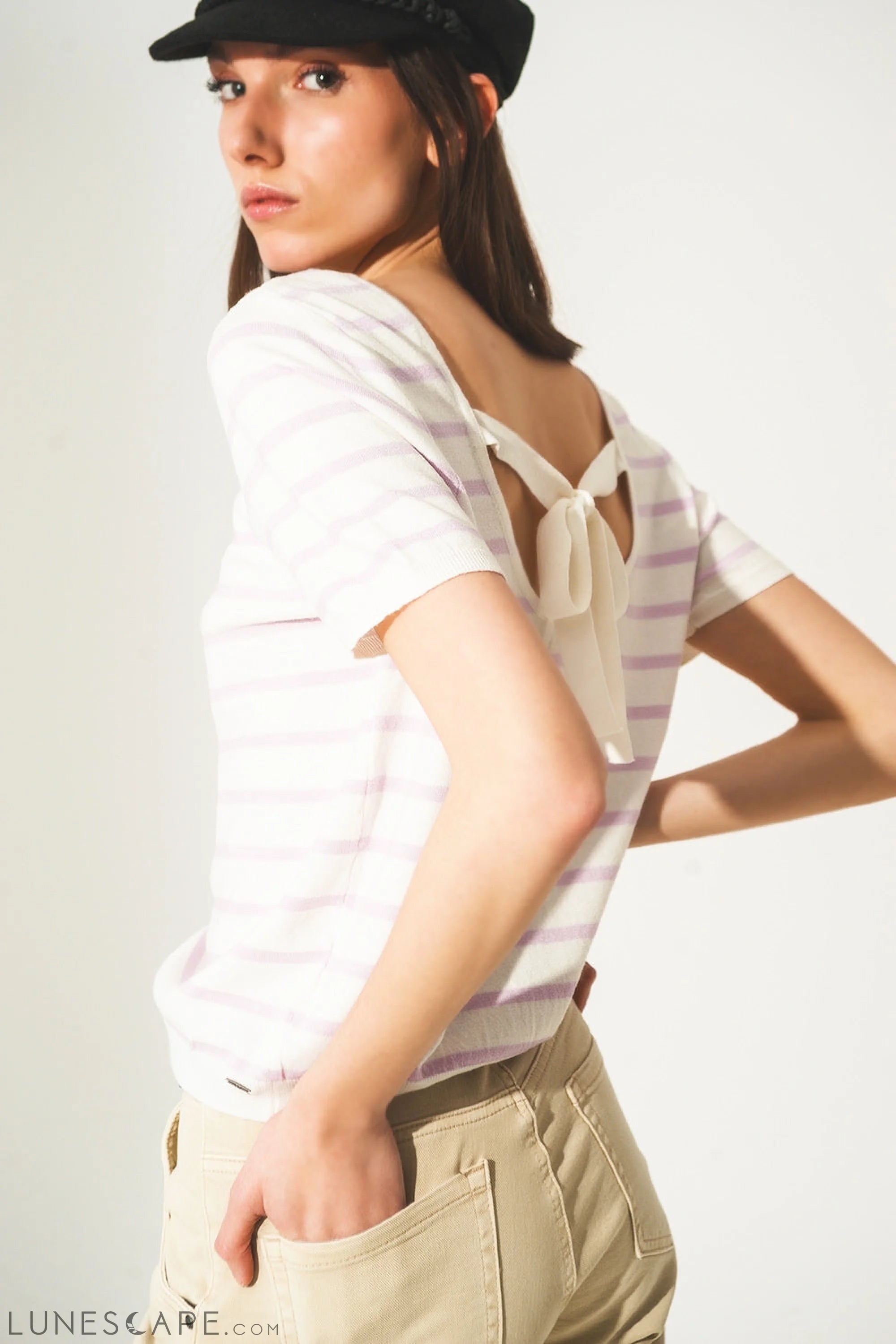 Open Back Lace Up Stripes Jumper in Lilac Womens Sweater LUNESCAPE