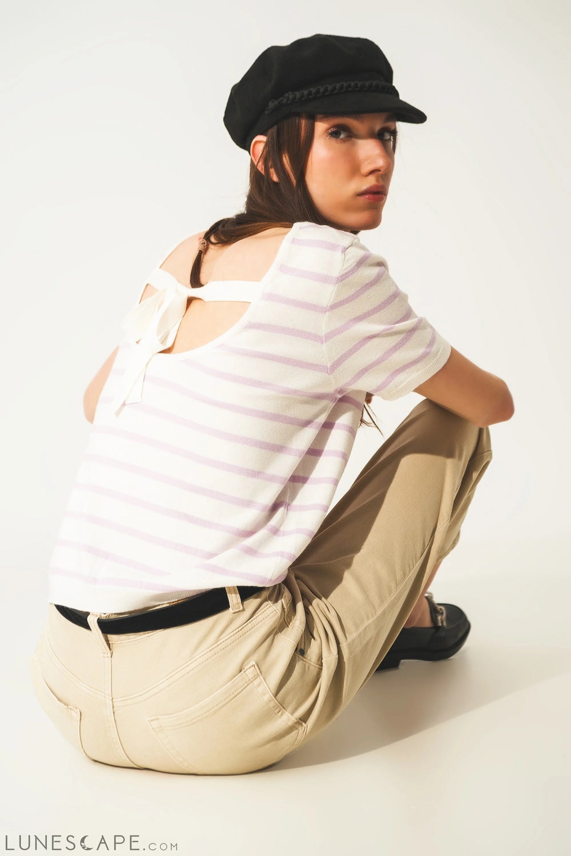 Open Back Lace Up Stripes Jumper in Lilac Womens Sweater LUNESCAPE