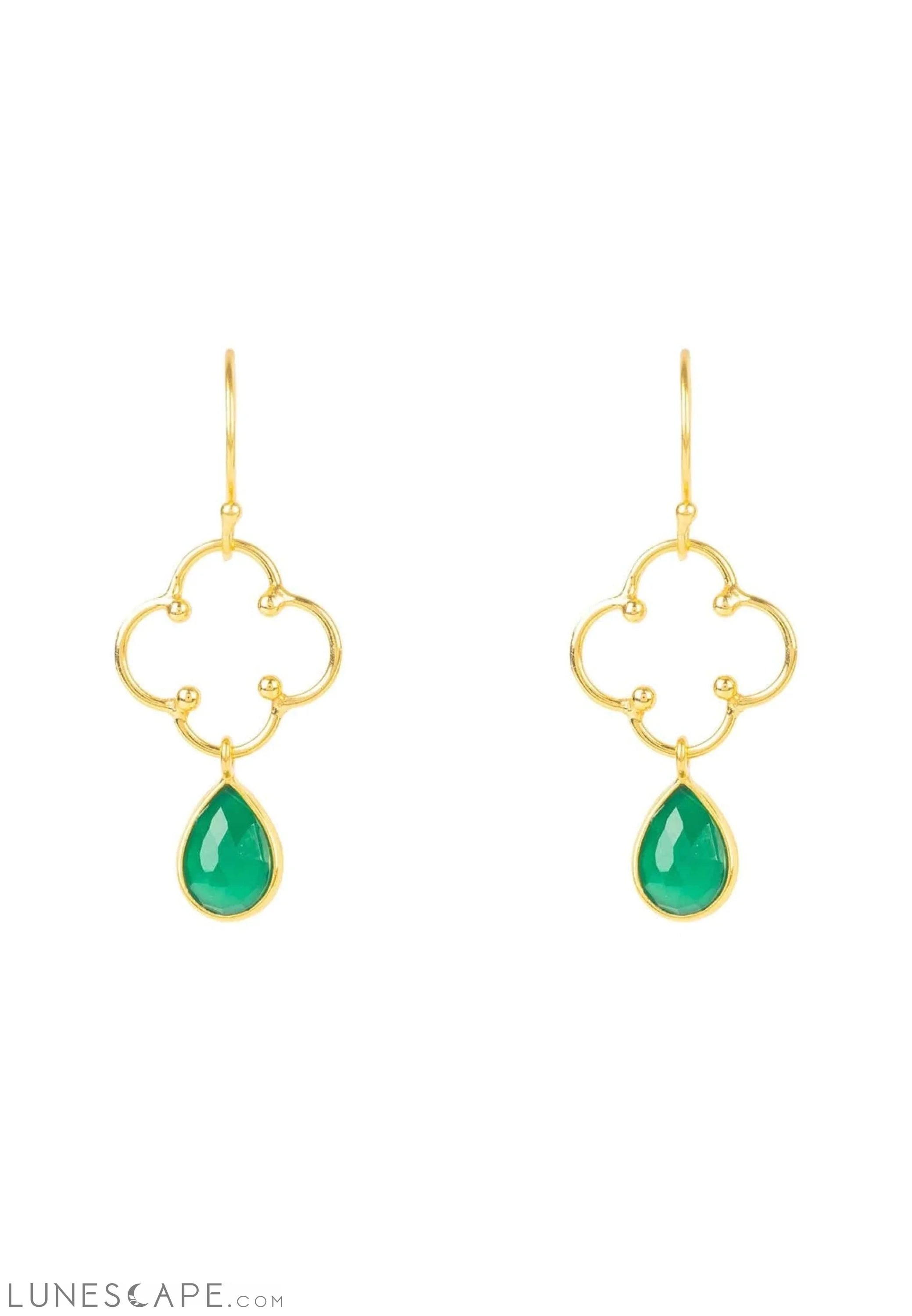 Open Clover Gemstone Drop Earring Gold Green Onyx LUNESCAPE