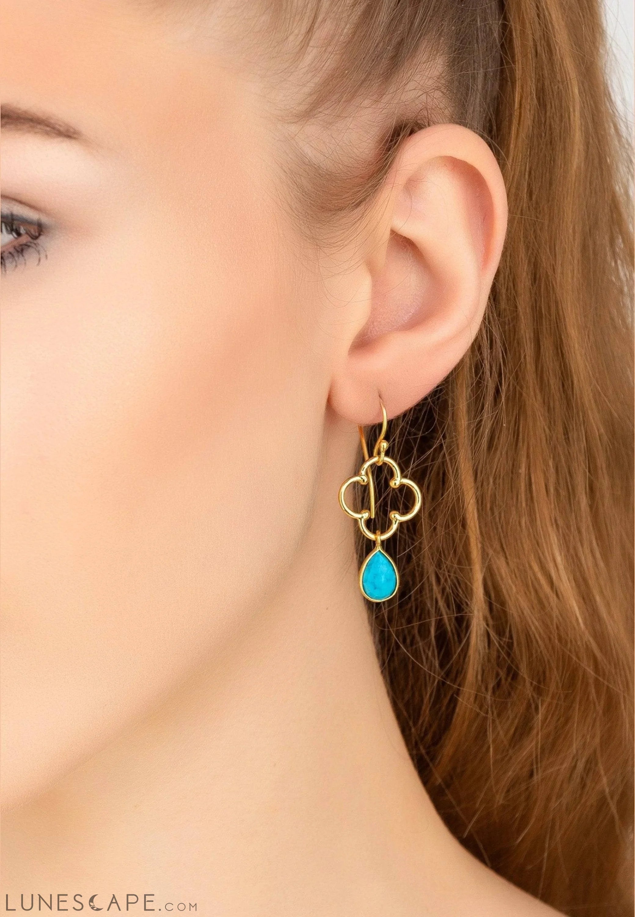 Open Clover Gemstone Drop Earring Gold Turquoise LUNESCAPE