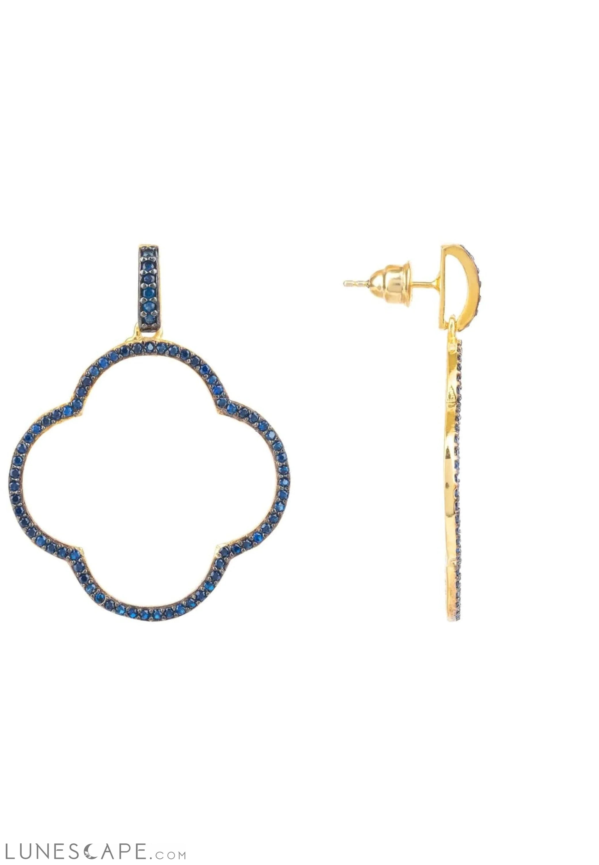 Open Clover Large Drop Earrings Gold Sapphire Blue Cz LUNESCAPE