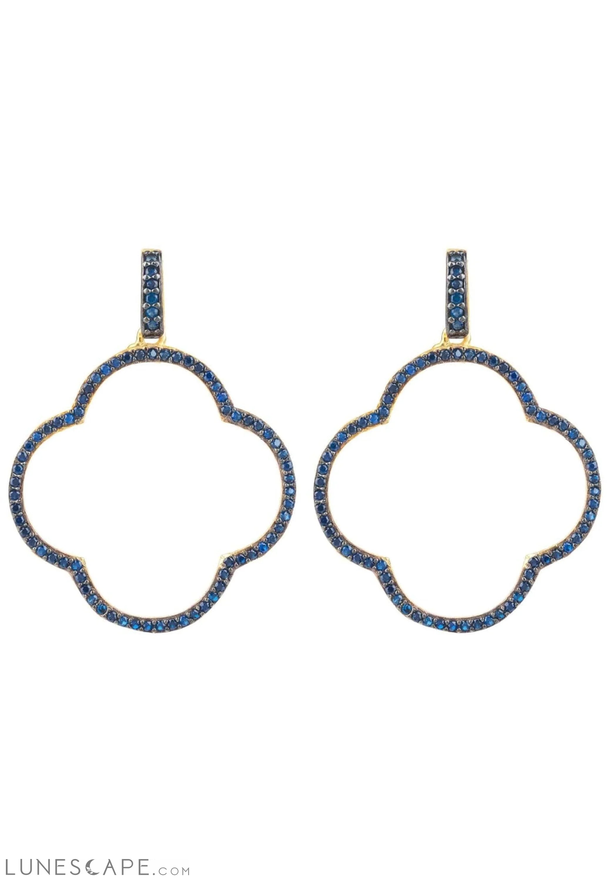 Open Clover Large Drop Earrings Gold Sapphire Blue Cz LUNESCAPE