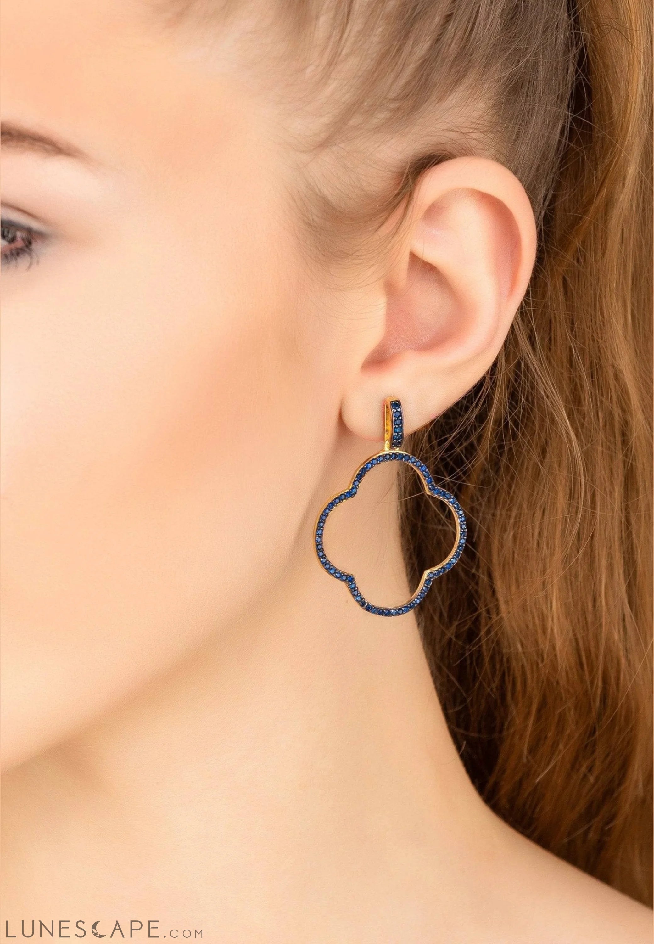 Open Clover Large Drop Earrings Gold Sapphire Blue Cz LUNESCAPE