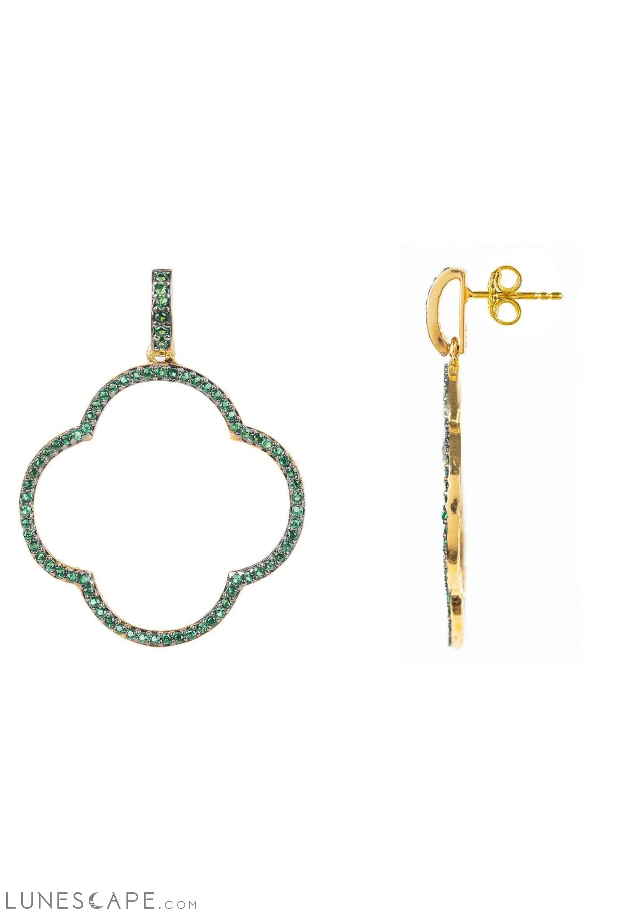 Open Clover Large Drop Earrings Green Gold LUNESCAPE