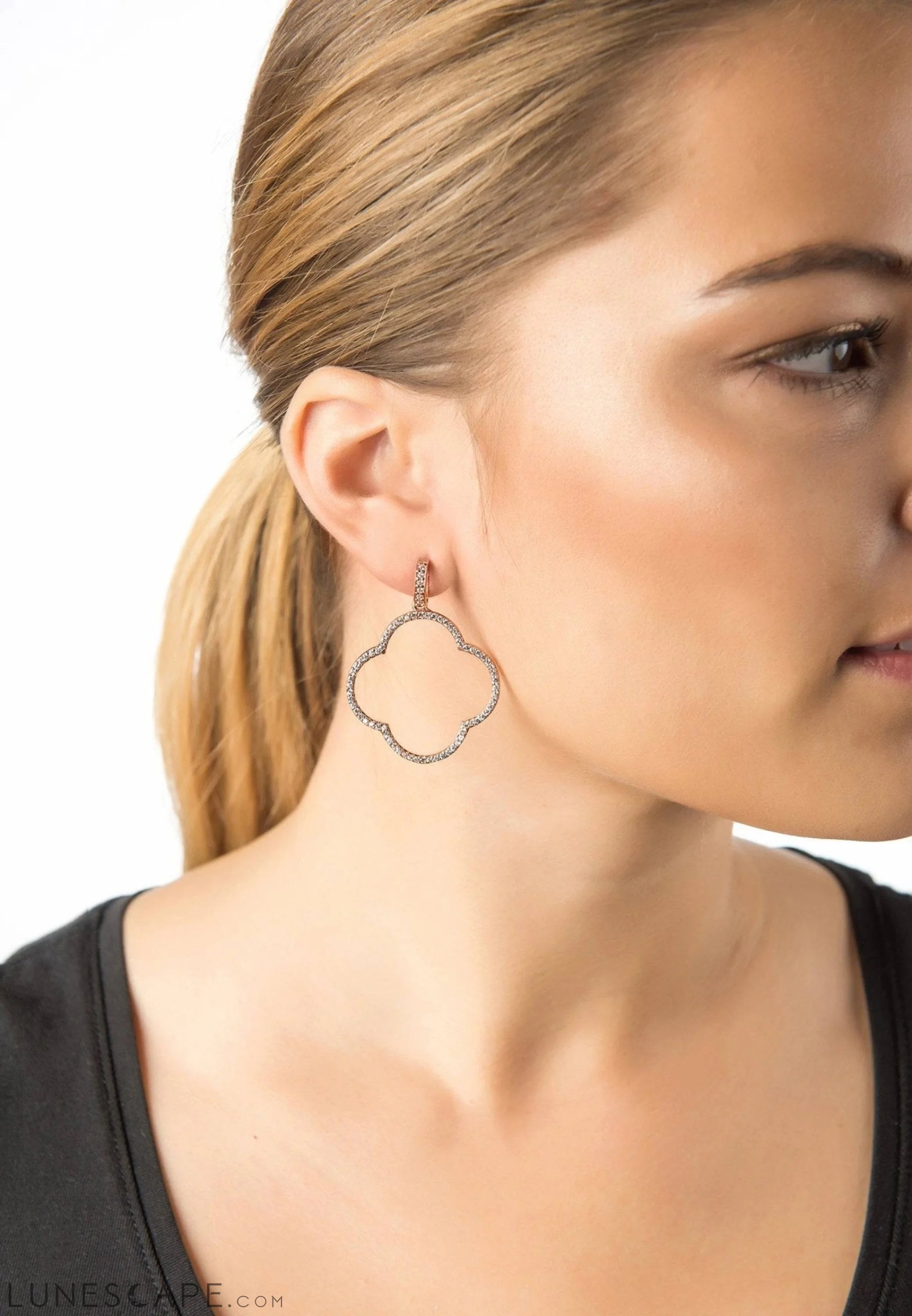 Open Clover Large Drop Earrings White CZ Silver LUNESCAPE
