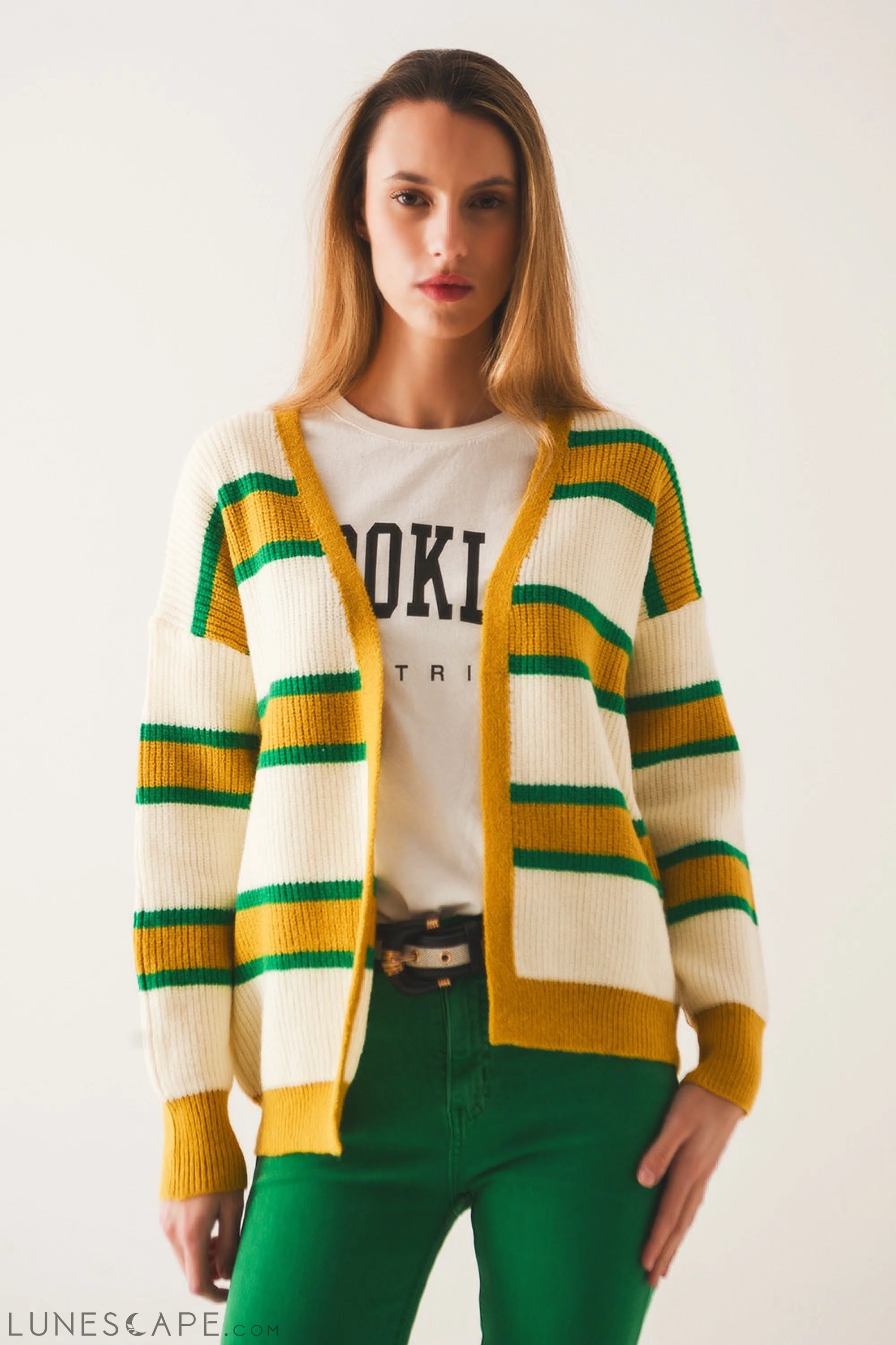 Open Front Cardi in Yellow Stripe LUNESCAPE