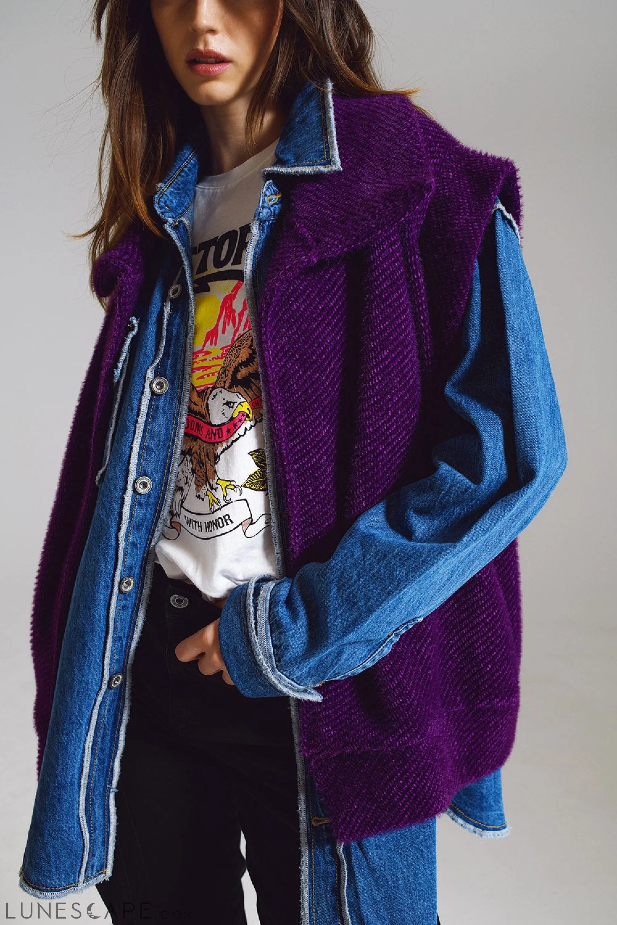 Open Herringbone Gilet With Shawl Style Collard in Purple LUNESCAPE
