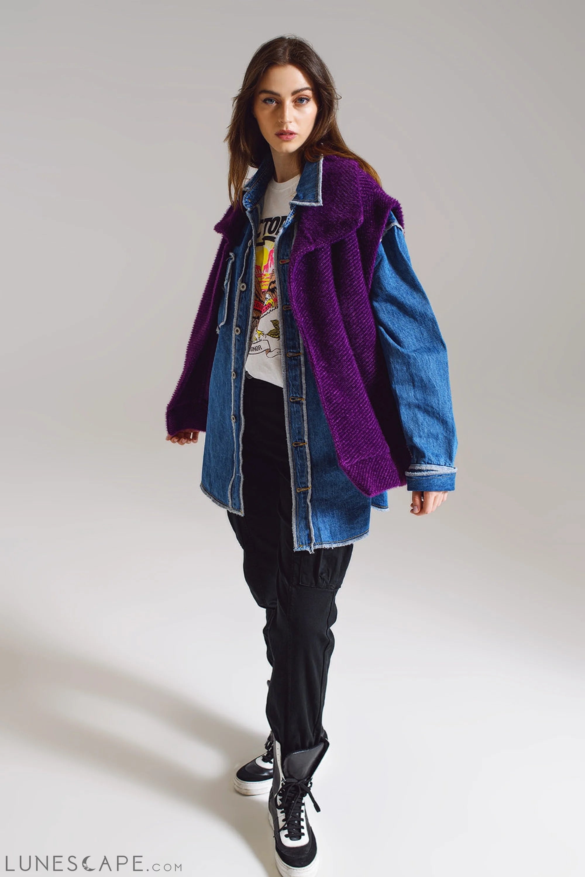 Open Herringbone Gilet With Shawl Style Collard in Purple LUNESCAPE
