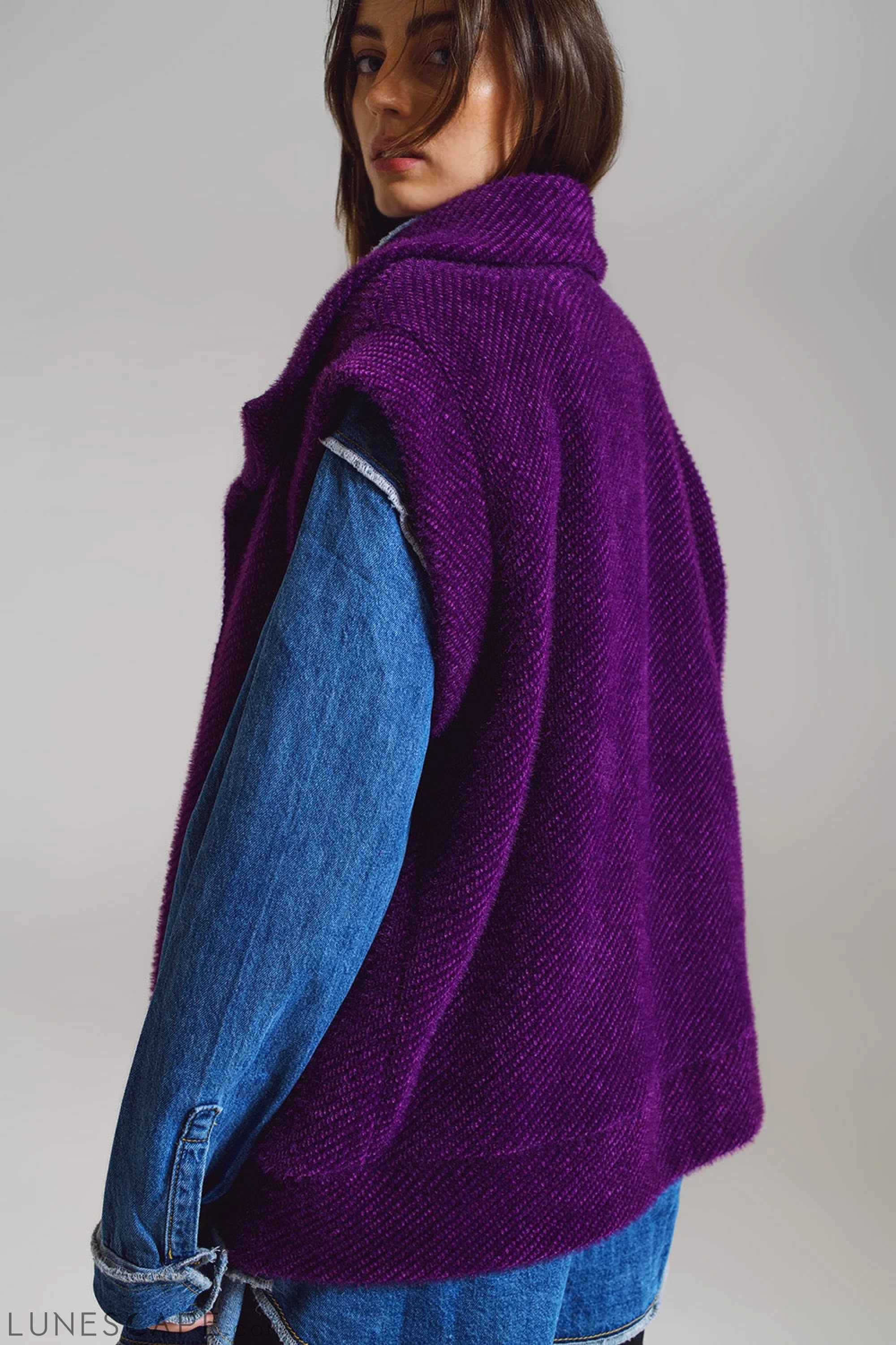 Open Herringbone Gilet With Shawl Style Collard in Purple LUNESCAPE