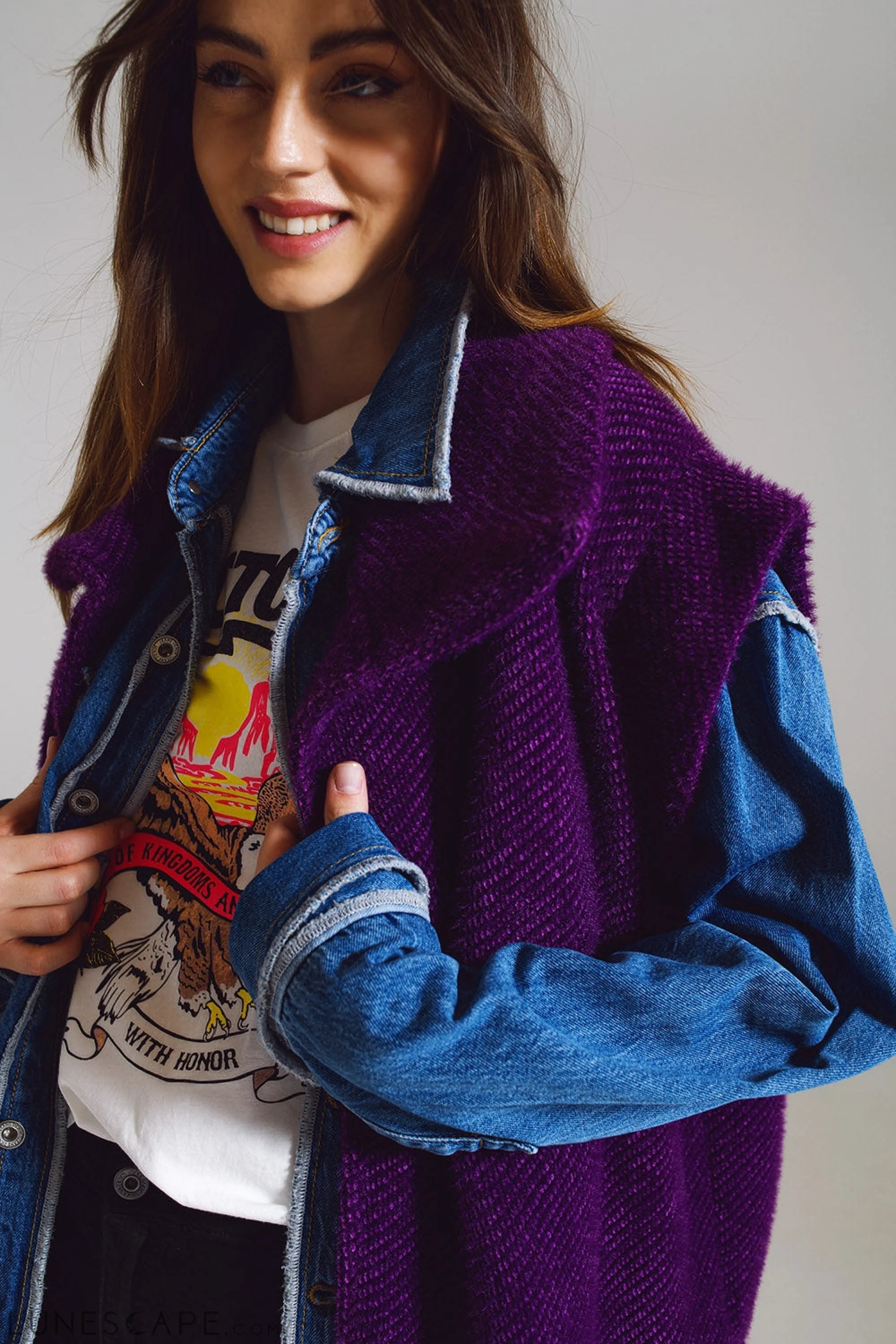 Open Herringbone Gilet With Shawl Style Collard in Purple LUNESCAPE