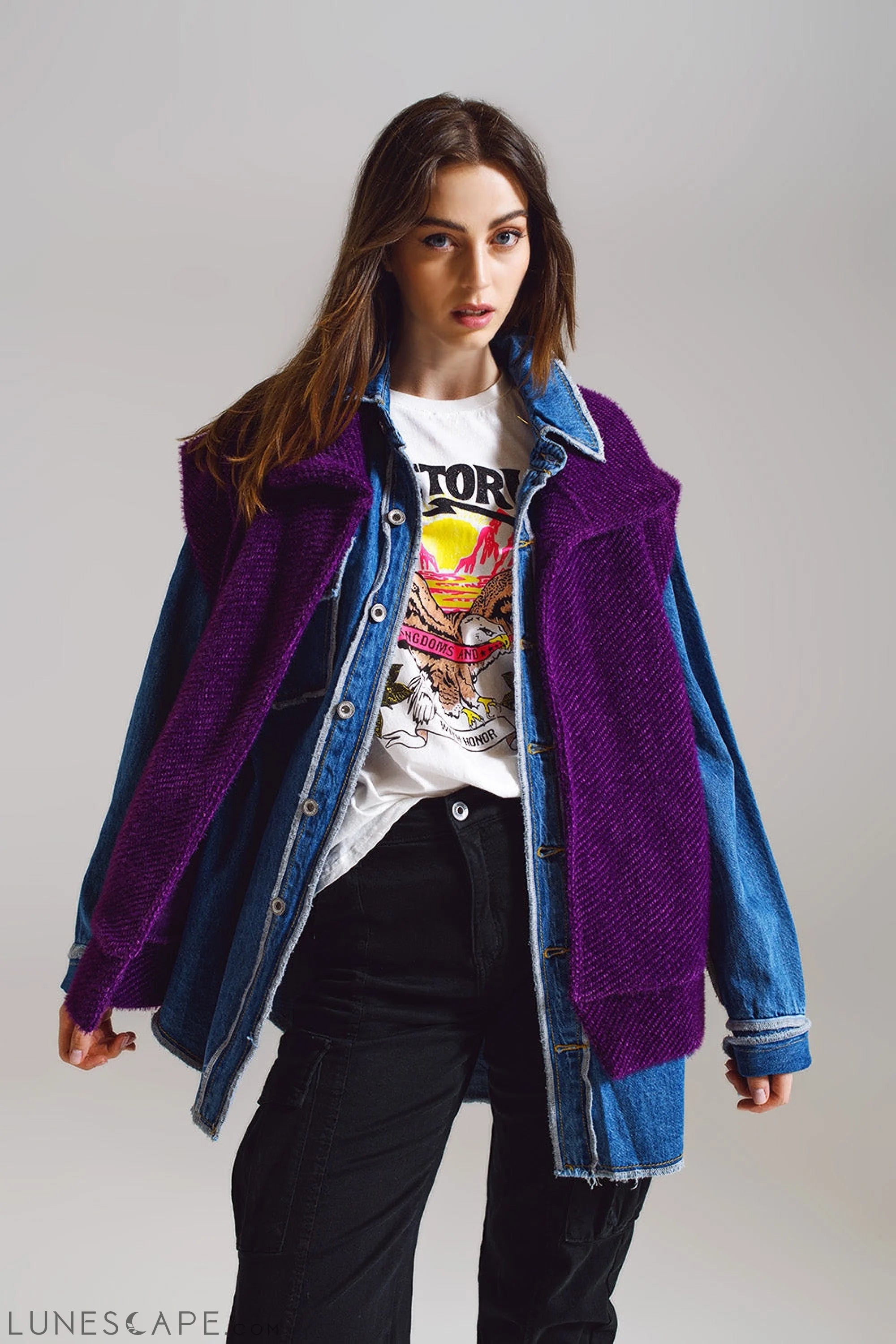 Open Herringbone Gilet With Shawl Style Collard in Purple LUNESCAPE