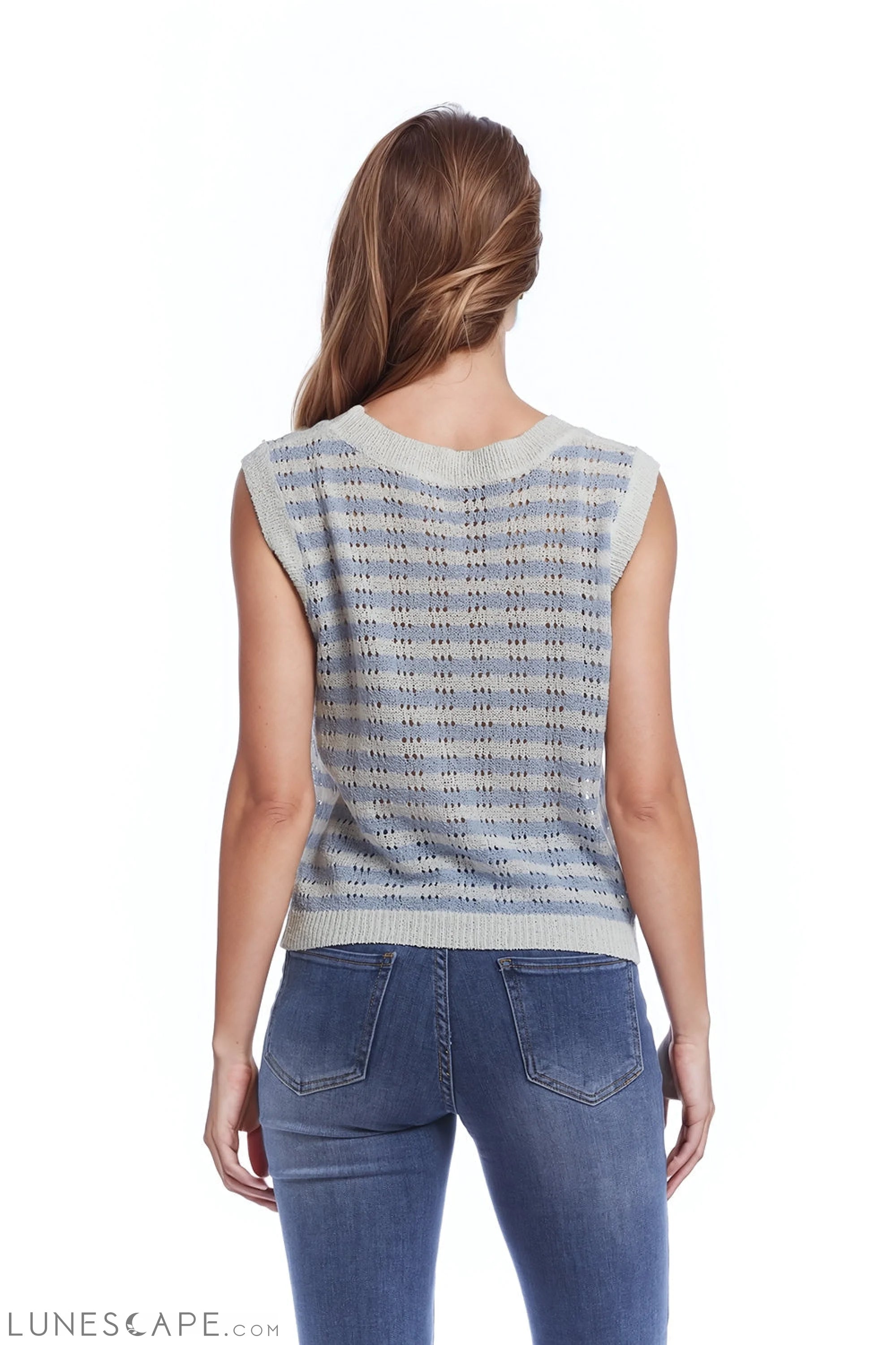 Open Knit Cropped Striped Sleeveless Sweater in Blue and White LUNESCAPE