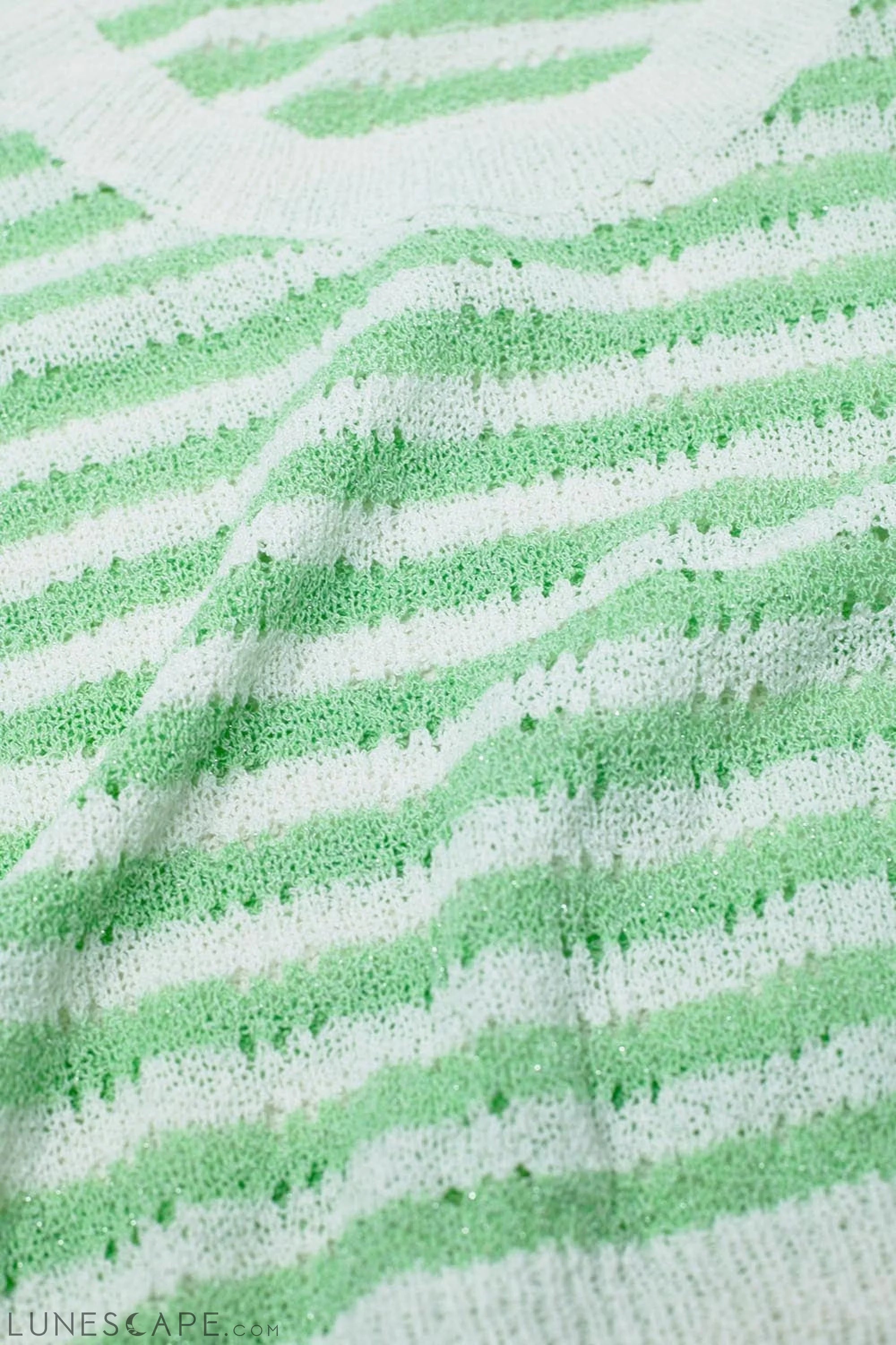 Open Knit Cropped Striped Sleeveless Sweater in Green and White LUNESCAPE