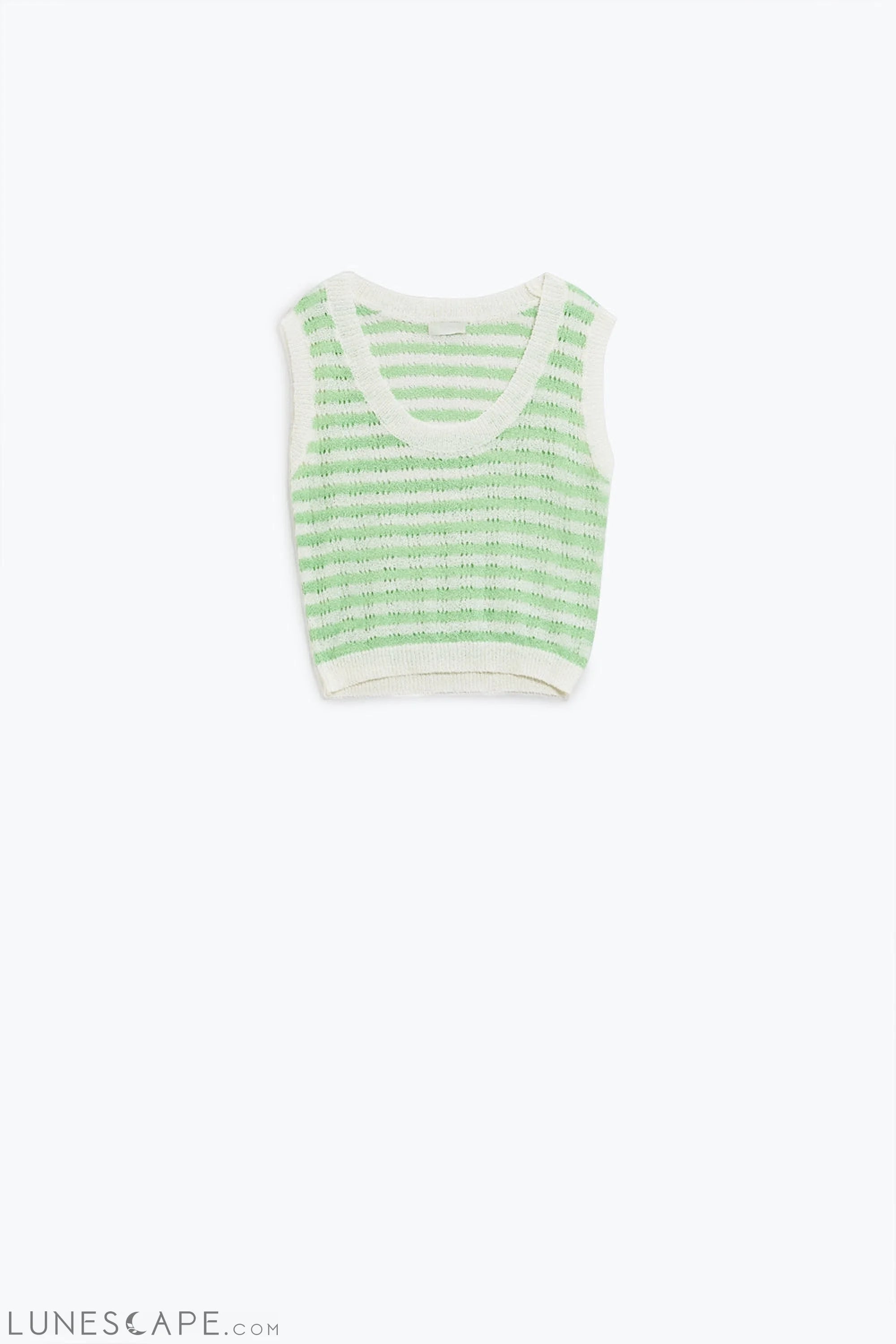 Open Knit Cropped Striped Sleeveless Sweater in Green and White LUNESCAPE