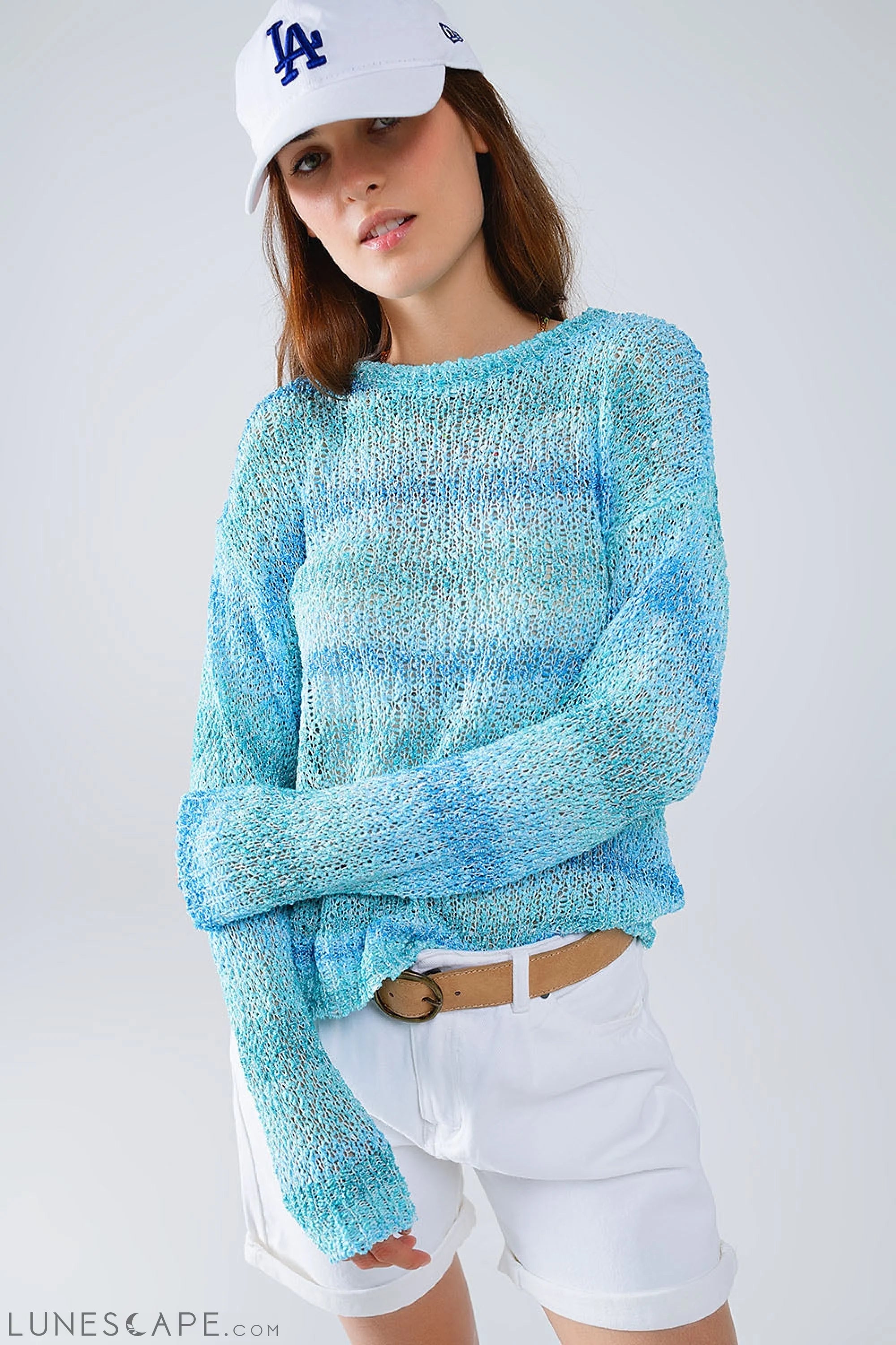 Open Knit Stripey Crew Neck Sweater in Shades of Blue LUNESCAPE
