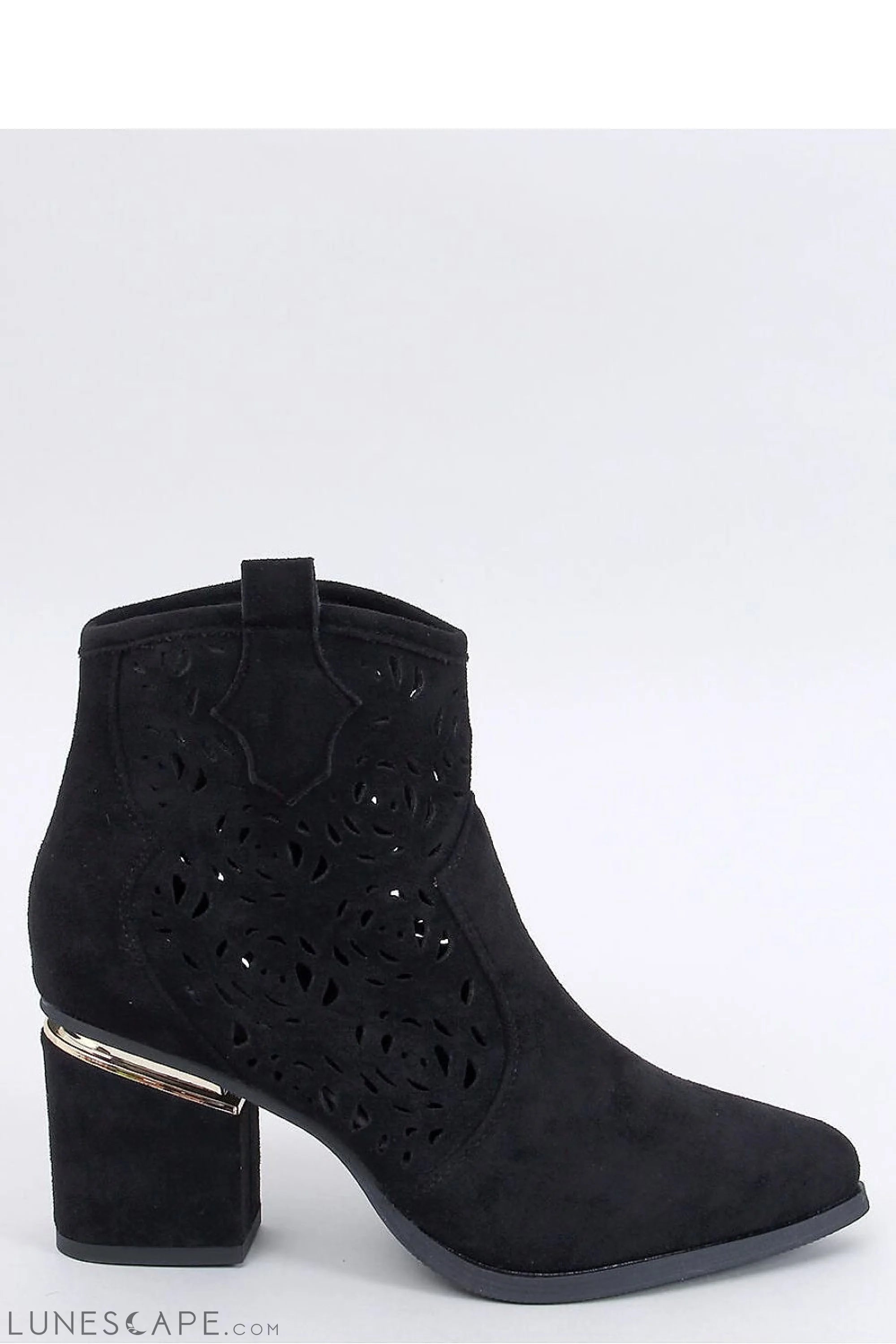 Openwork Black Suede Western Ankle Bootie with Metallic Accent and Sculpted Heel LUNESCAPE