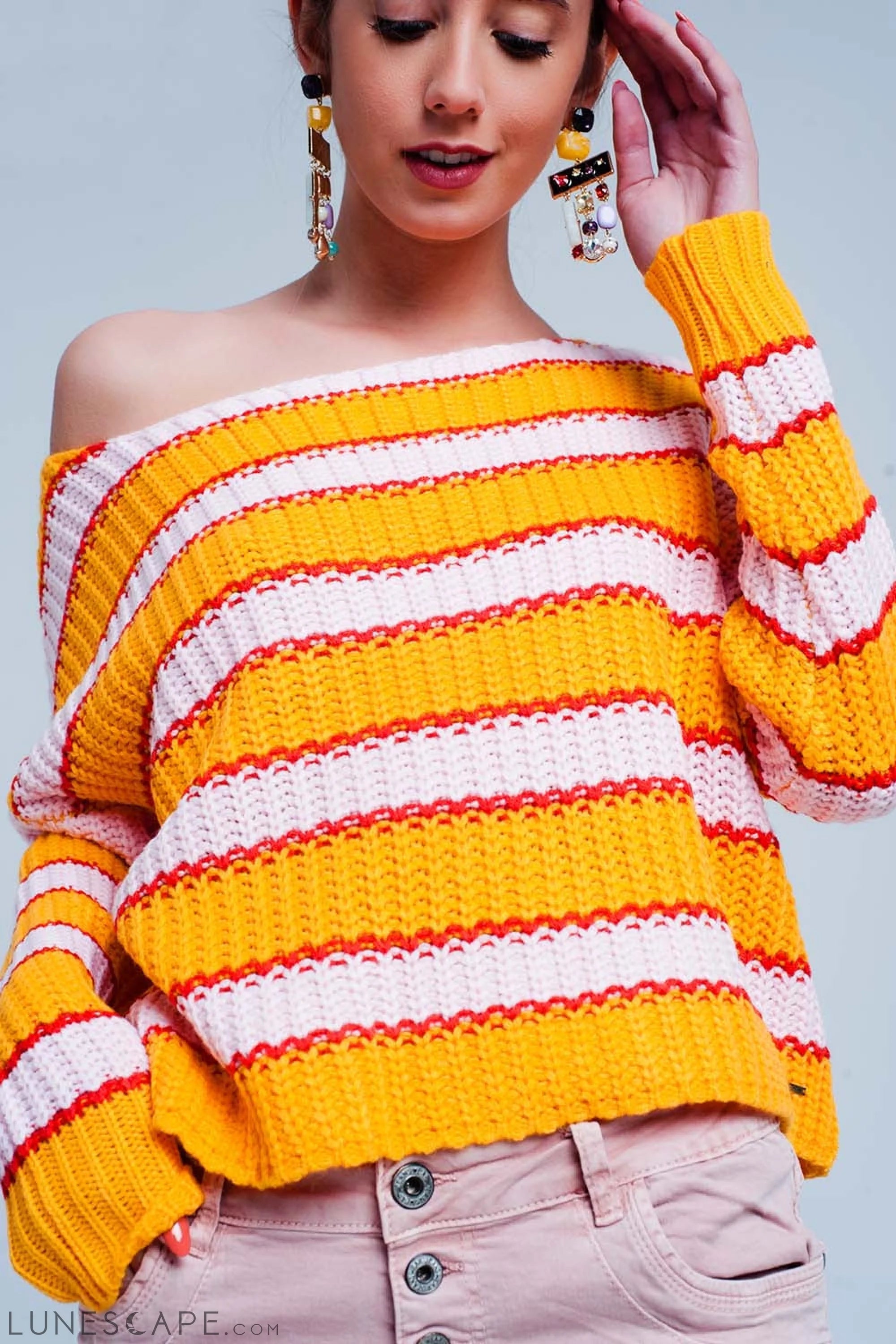 Orange and Pink Color Block Stripe Sweater LUNESCAPE