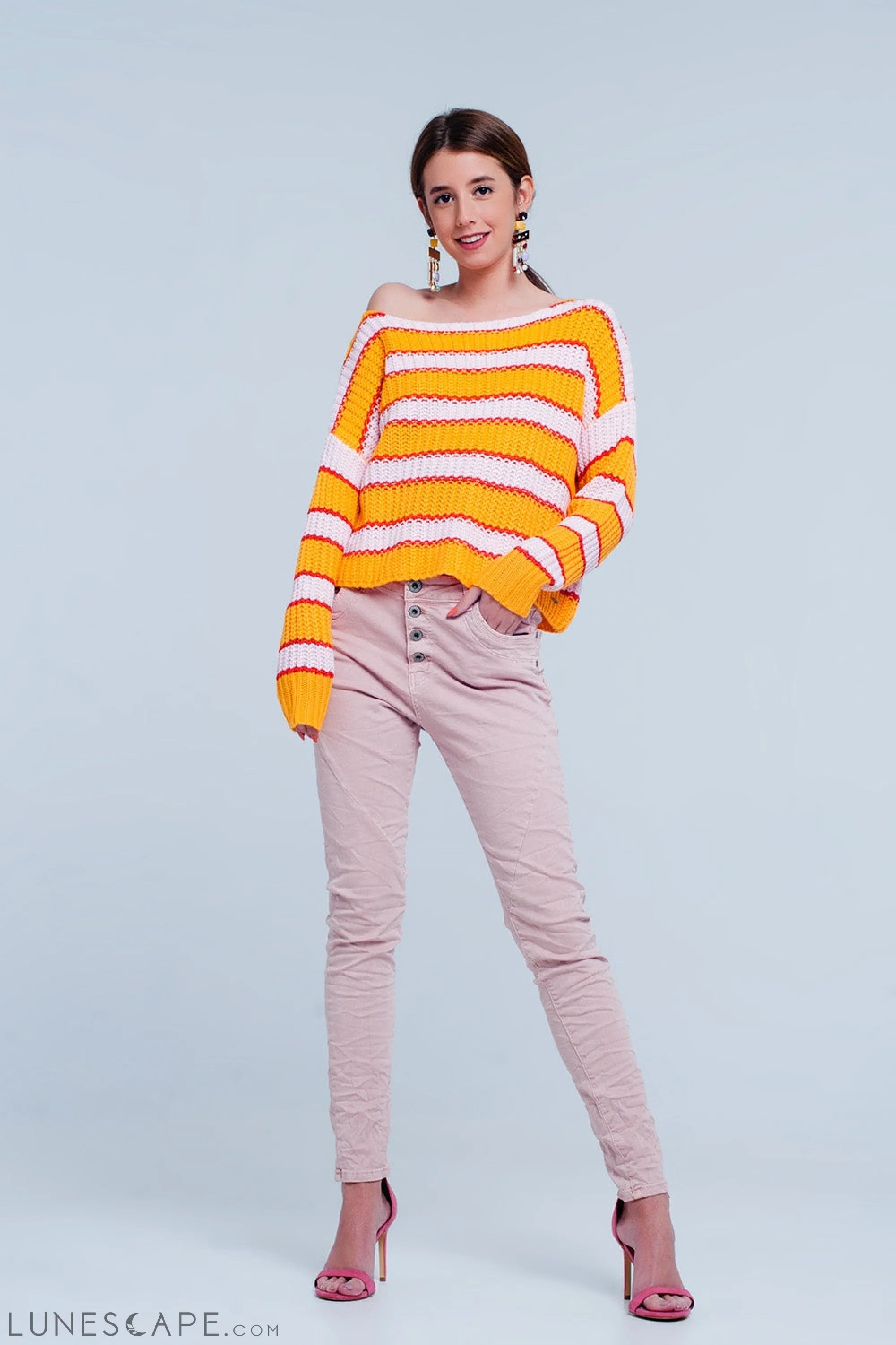 Orange and Pink Color Block Stripe Sweater LUNESCAPE