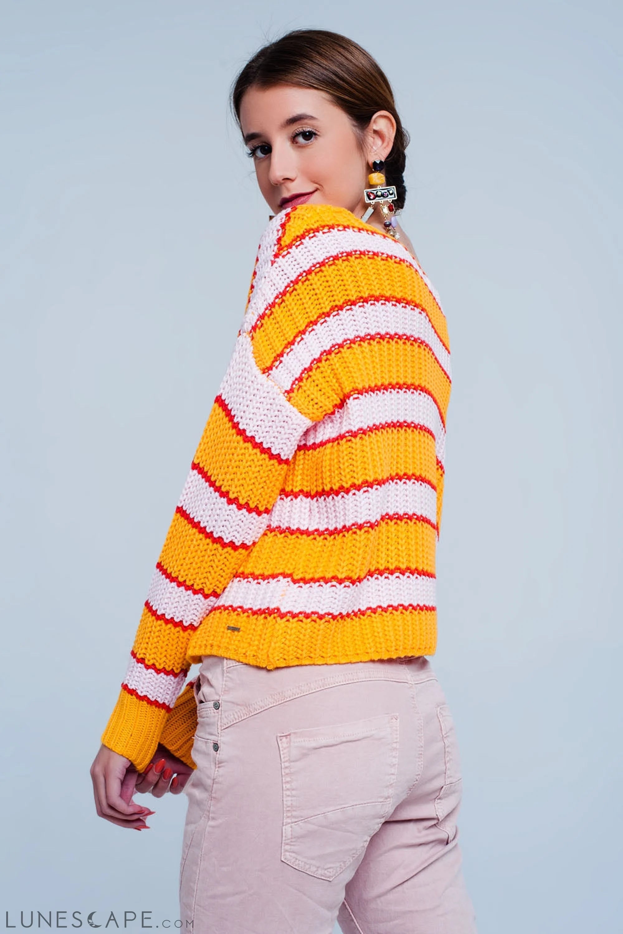 Orange and Pink Color Block Stripe Sweater LUNESCAPE