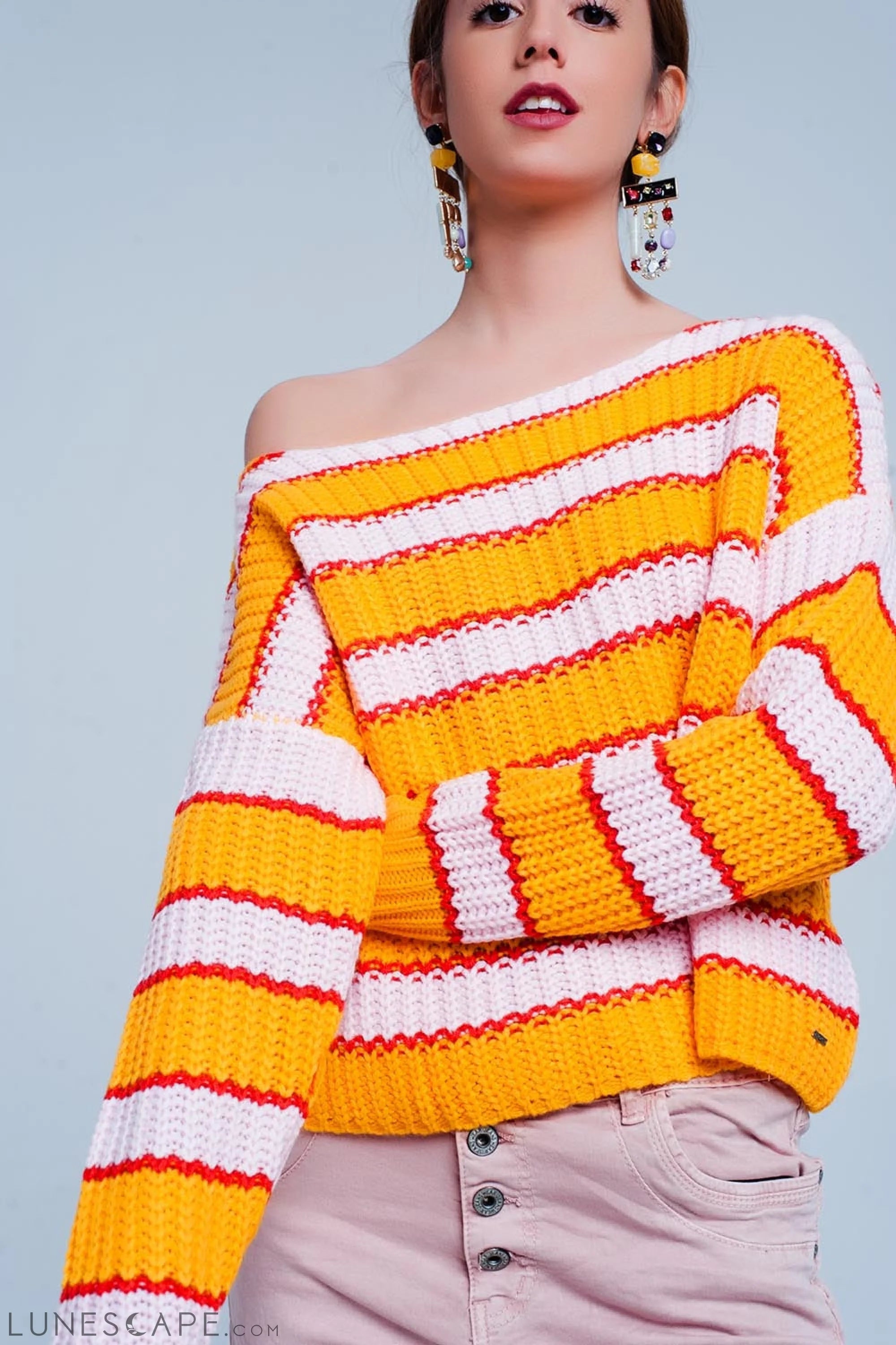 Orange and Pink Color Block Stripe Sweater LUNESCAPE