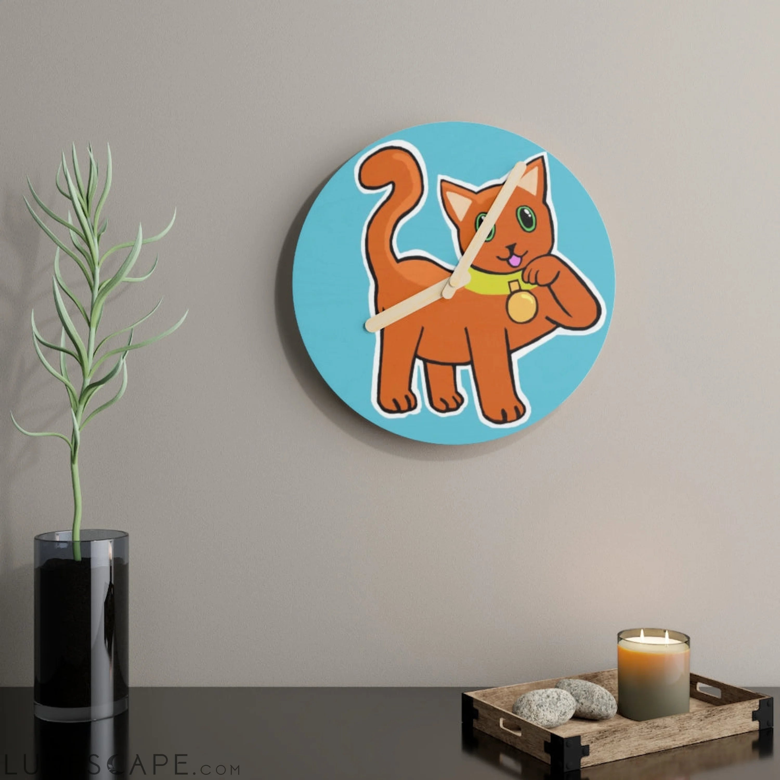Orange Kitty Wooden Wall Clock LUNESCAPE