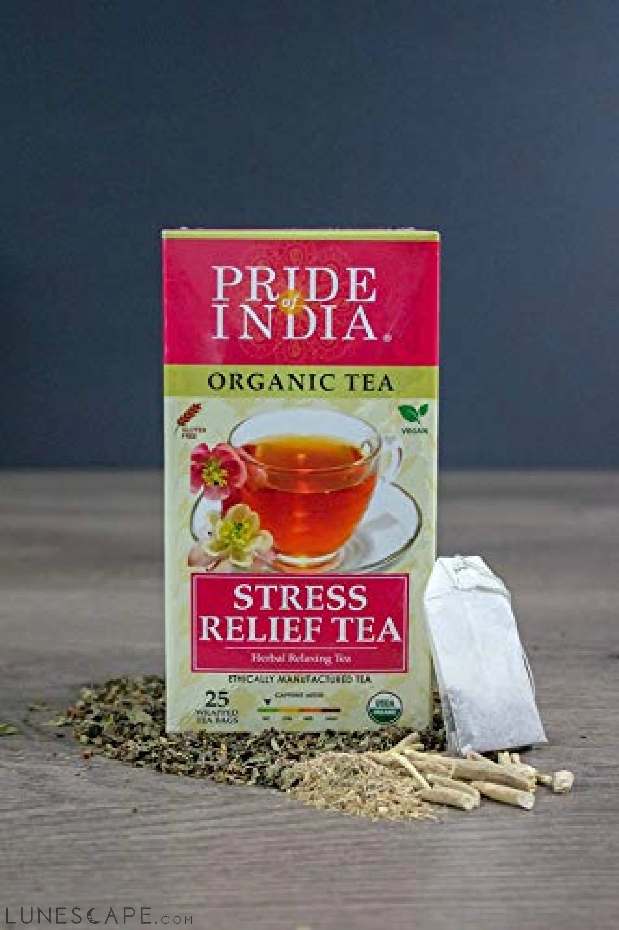 Organic Stress Relief Tea Bags (Caffeine Free) - 6-Pack (150 Tea Bags) LUNESCAPE
