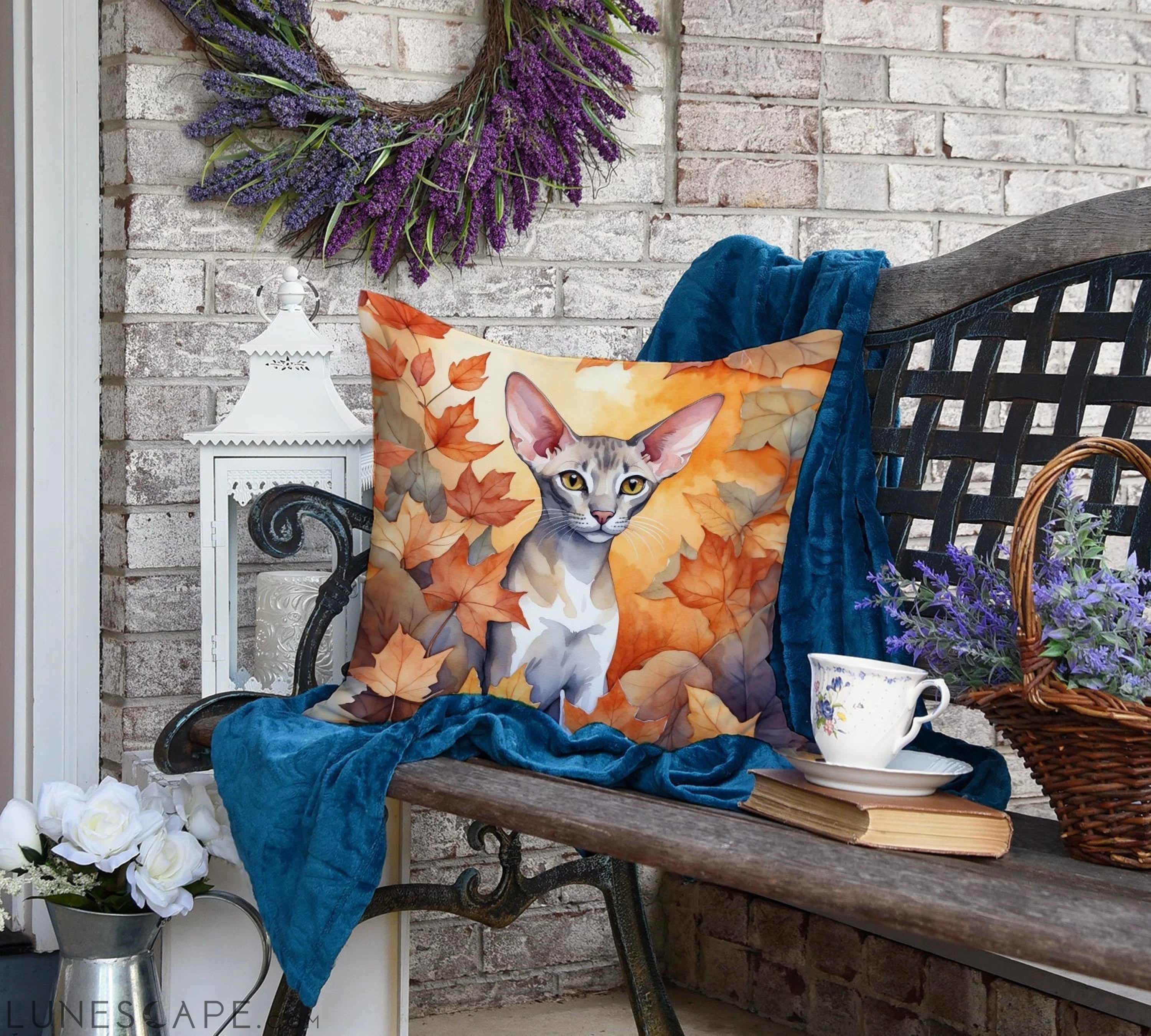 Oriental Shorthair Cat in Fall Leaves Throw Pillow LUNESCAPE