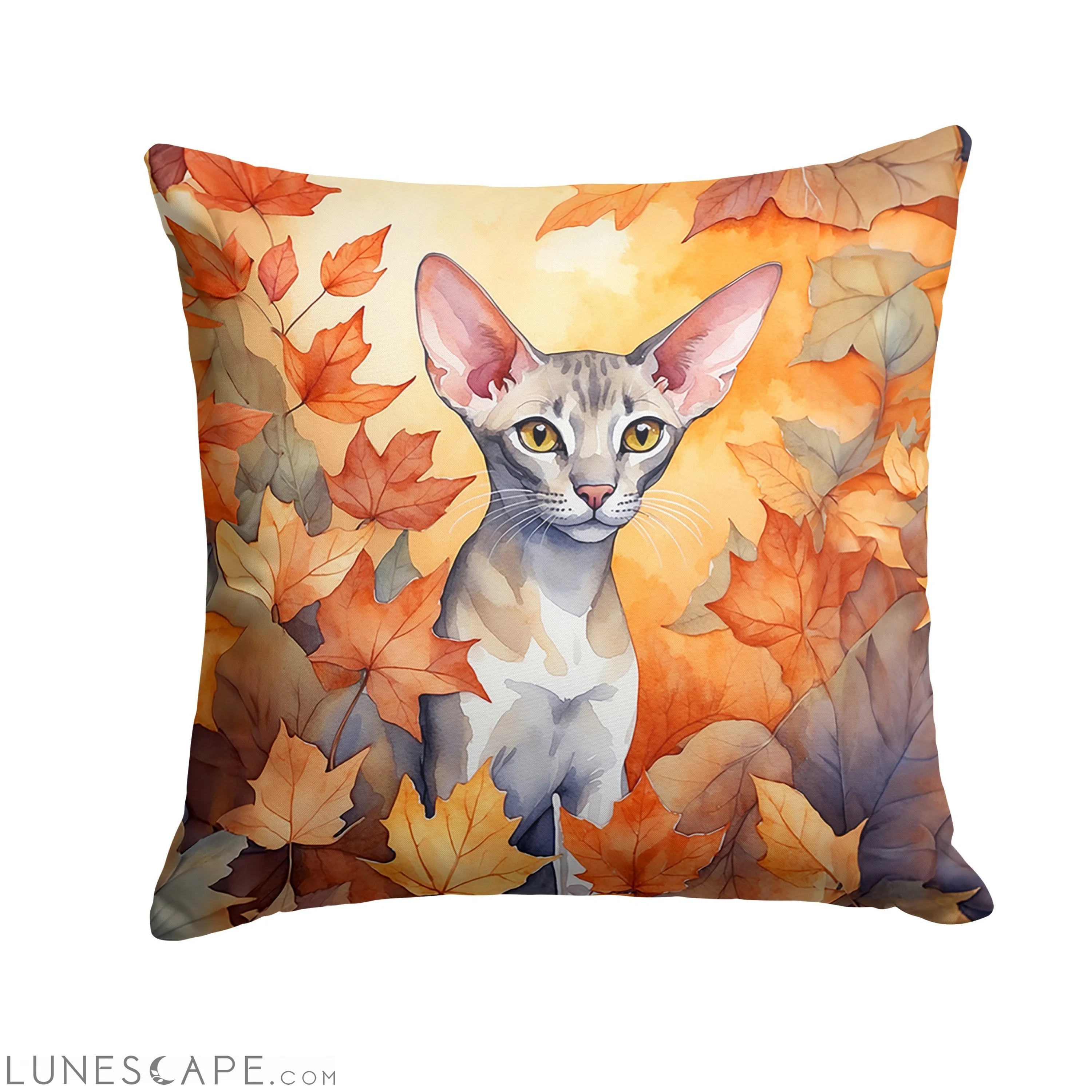 Oriental Shorthair Cat in Fall Leaves Throw Pillow LUNESCAPE