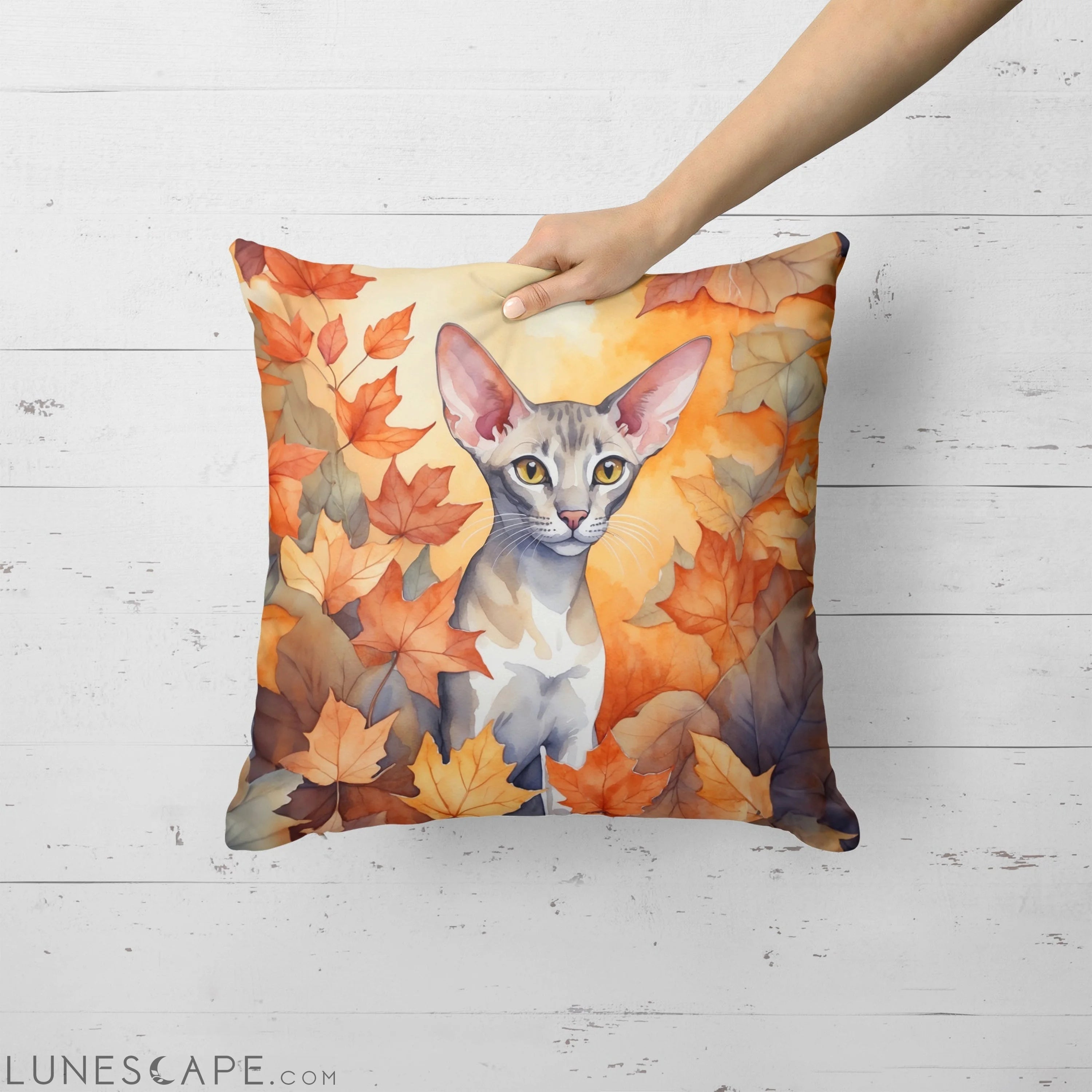 Oriental Shorthair Cat in Fall Leaves Throw Pillow LUNESCAPE