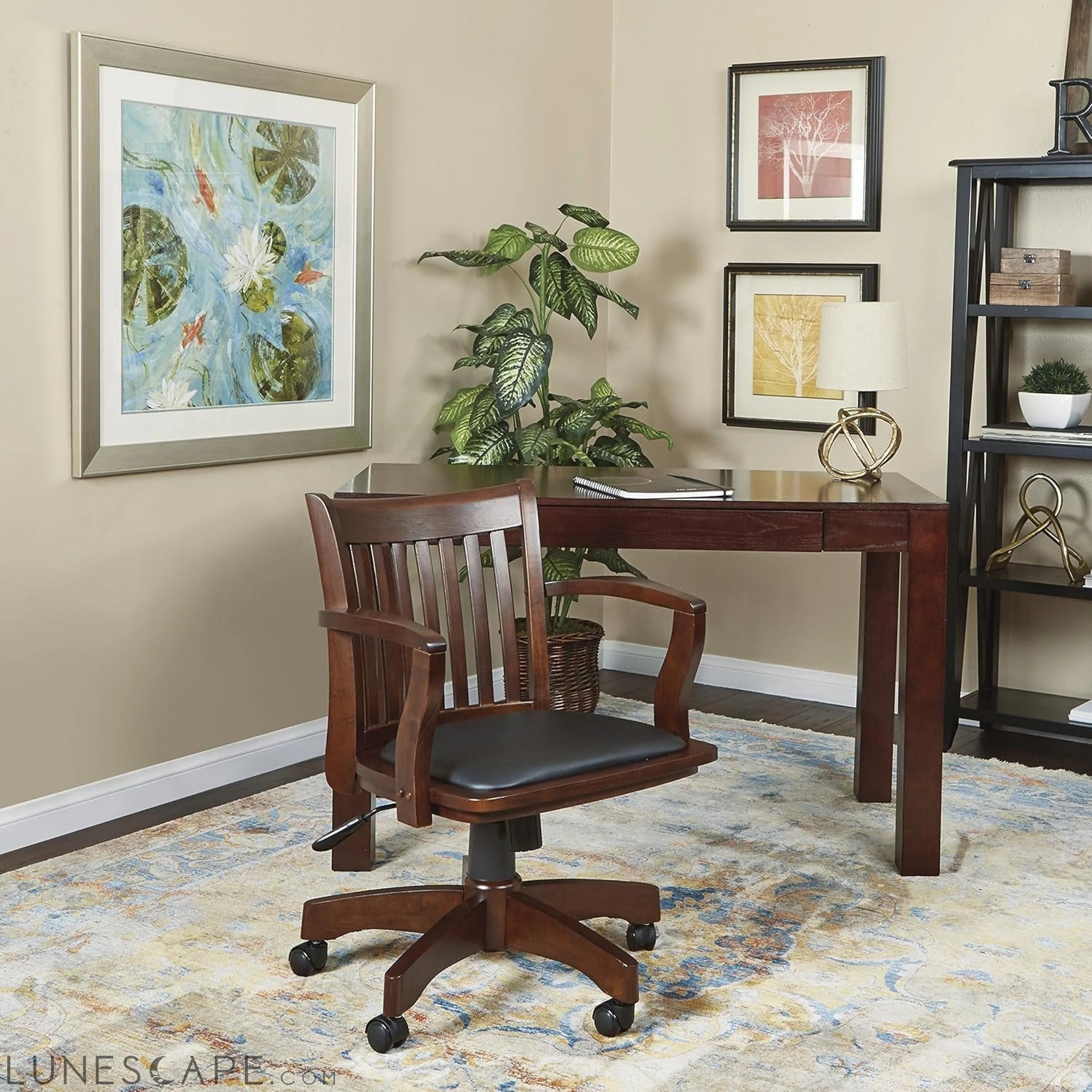 OSP Home Furnishings Deluxe Wood Banker'S Desk Chair with Padded Seat, LUNESCAPE