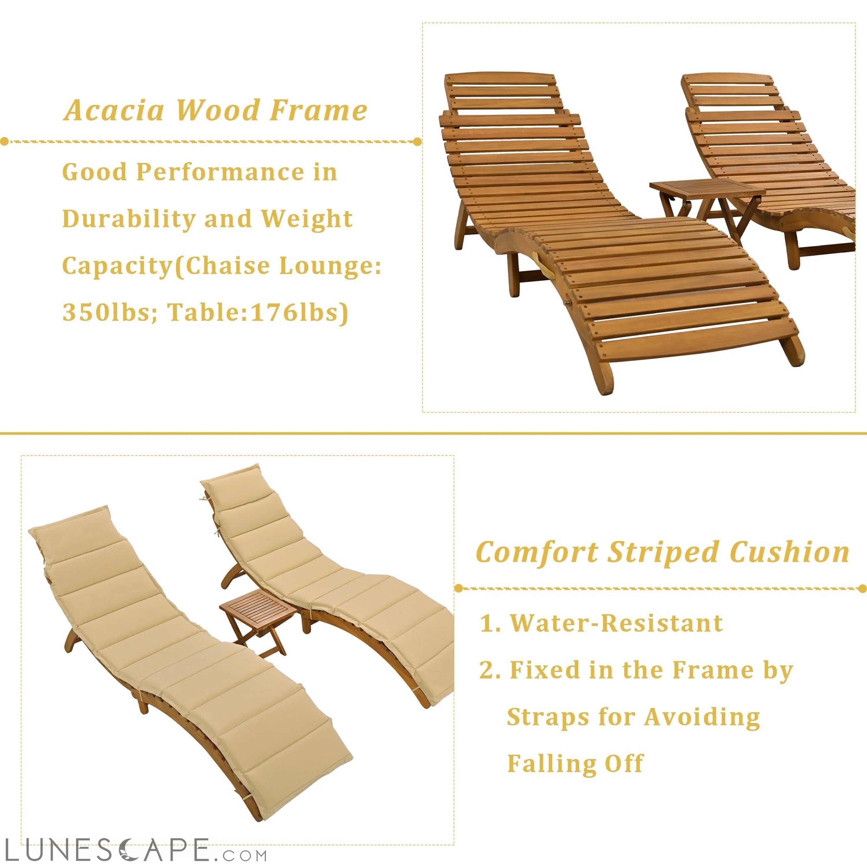 Outdoor Patio Wood Portable Extended Chaise Lounge Set With Foldable Tea Table for Balcony, Poolside, Garden, Brown LUNESCAPE