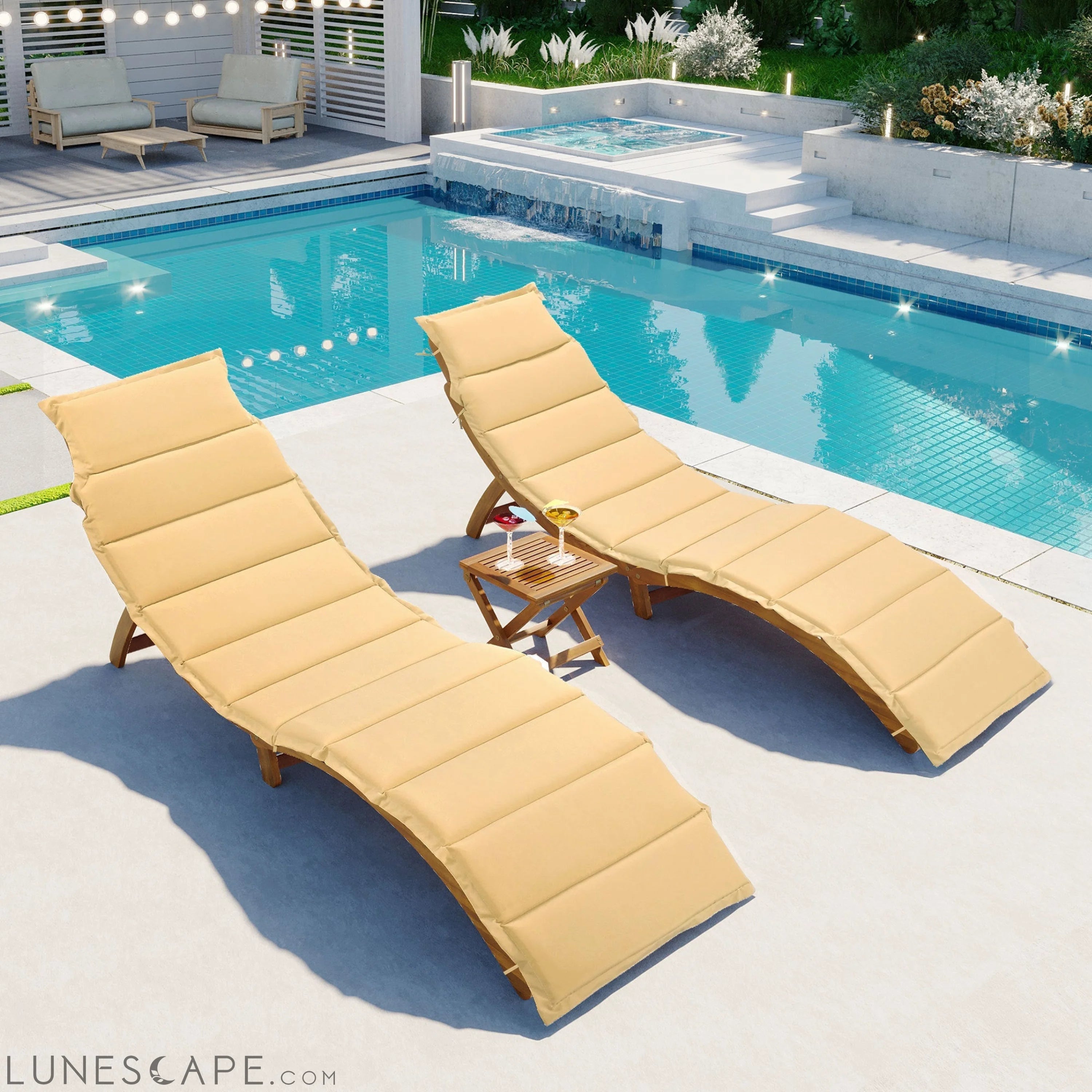 Outdoor Patio Wood Portable Extended Chaise Lounge Set With Foldable Tea Table for Balcony, Poolside, Garden, Brown LUNESCAPE