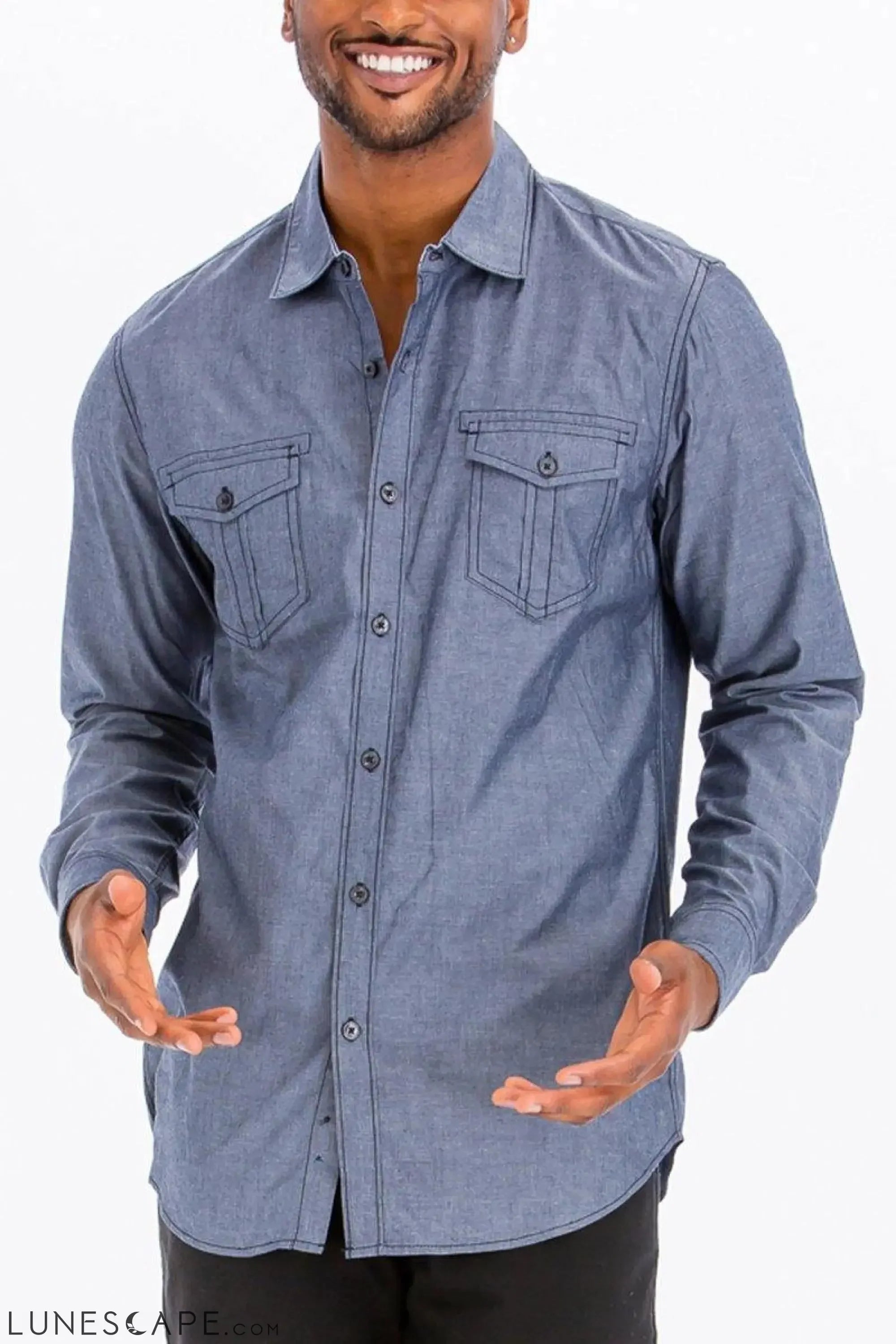 OUTLINE STITCH LONG SLEEVE BUTTON DOWN SHIRT - Blue LUNESCAPE