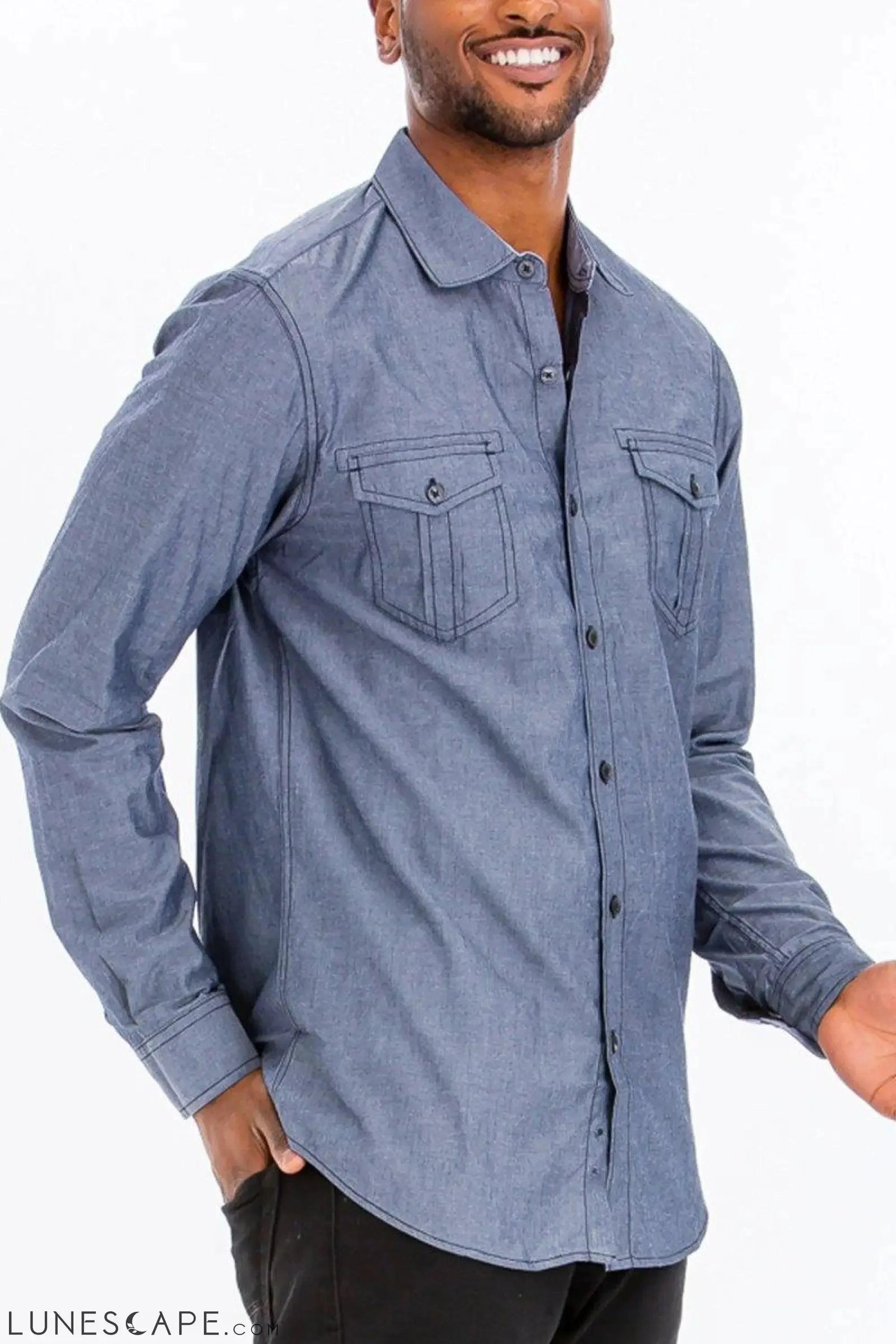OUTLINE STITCH LONG SLEEVE BUTTON DOWN SHIRT - Blue LUNESCAPE