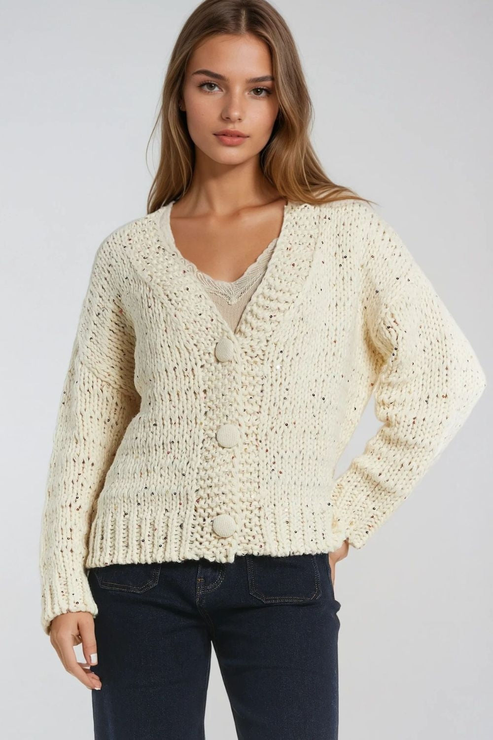 Oversized Chunky Knit Cardigan in Cream With Sequin Detail LUNESCAPE